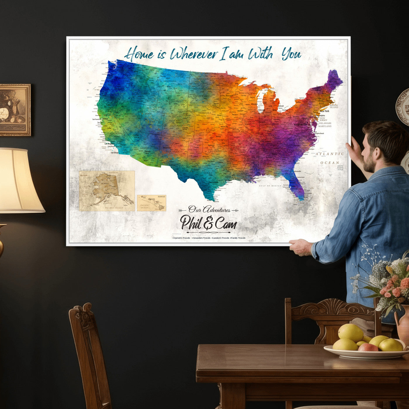 17251793-MGV-CV-36X24 - Watercolor USA Travel Map with Pins Colorful Modern Canvas Wall Art
