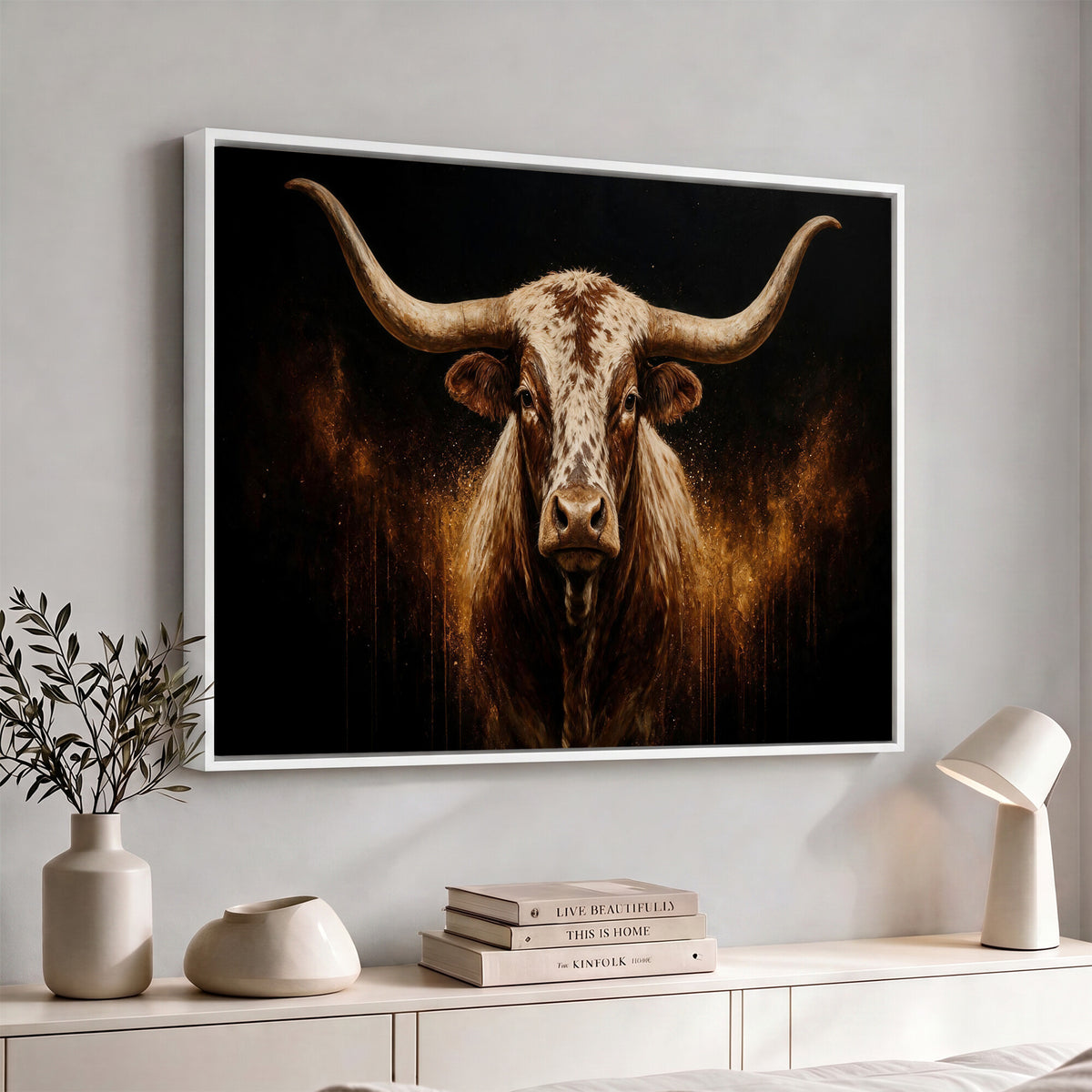 62076449-MGV-CV-36X24 - Texas Bull Cow Longhorn Canvas Wall Art Moody Western Bull Oil Painting Print