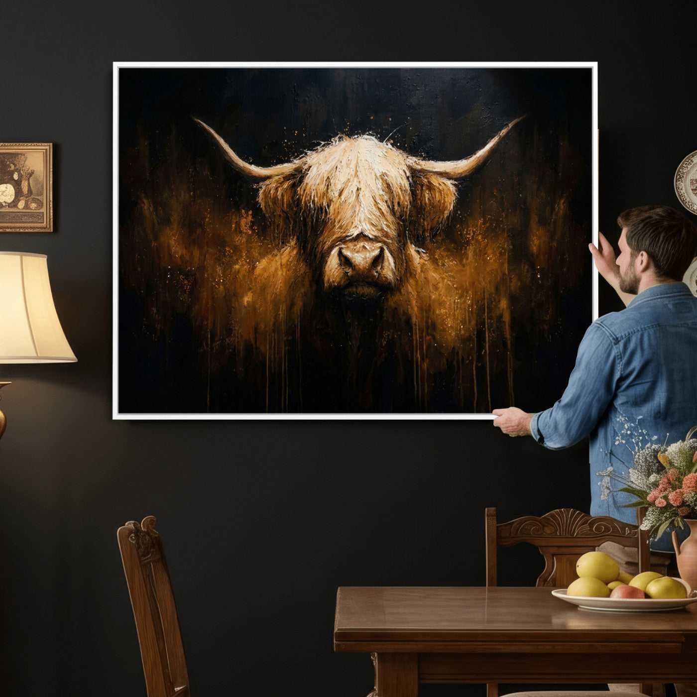 79873059-MGV-CV-36X24 - Rustic Highland Cow Canvas Print Dark Farmhouse Cattle Wall Decor