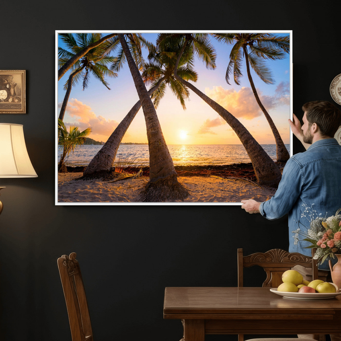 75123213-MGV-CV-36X24 - Tropical Island Coconut Palm Trees Sunset Wall Art Canvas Print - Turquoise Beach Print for Nautical Home Decor