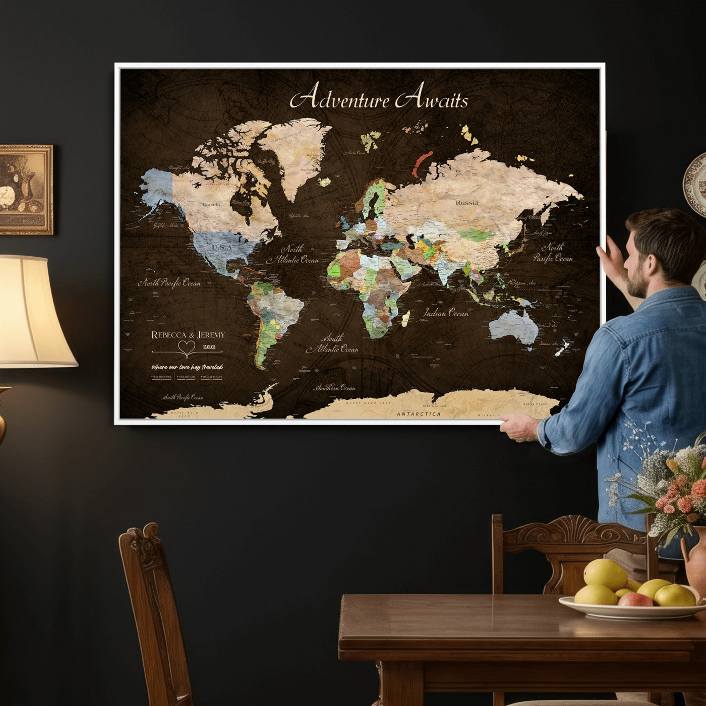 95753799-MGV-CV-36X24 - Custom Push Pin World Map Canvas Print – Personalized Travel Map Wall Art