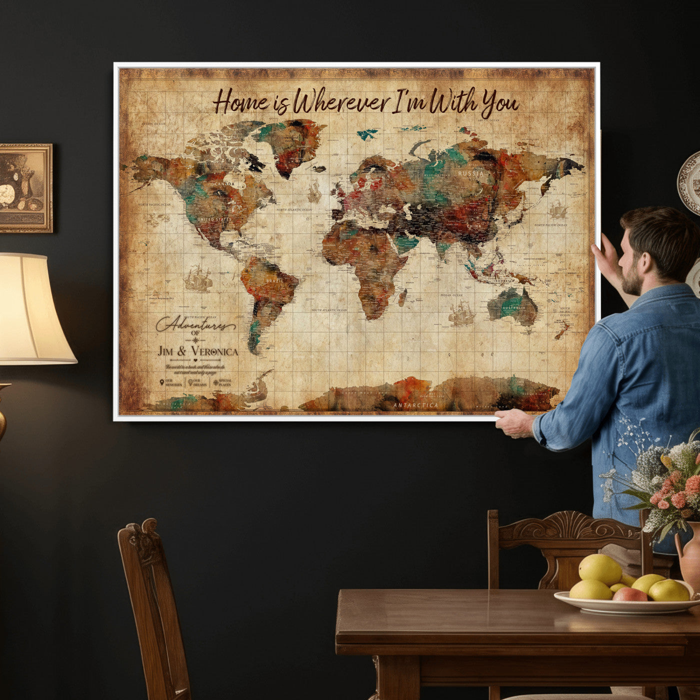 48389322-MGV-CV-36X24 - Custom Push Pin World Map Canvas Print – Personalized Travel Map Wall Art