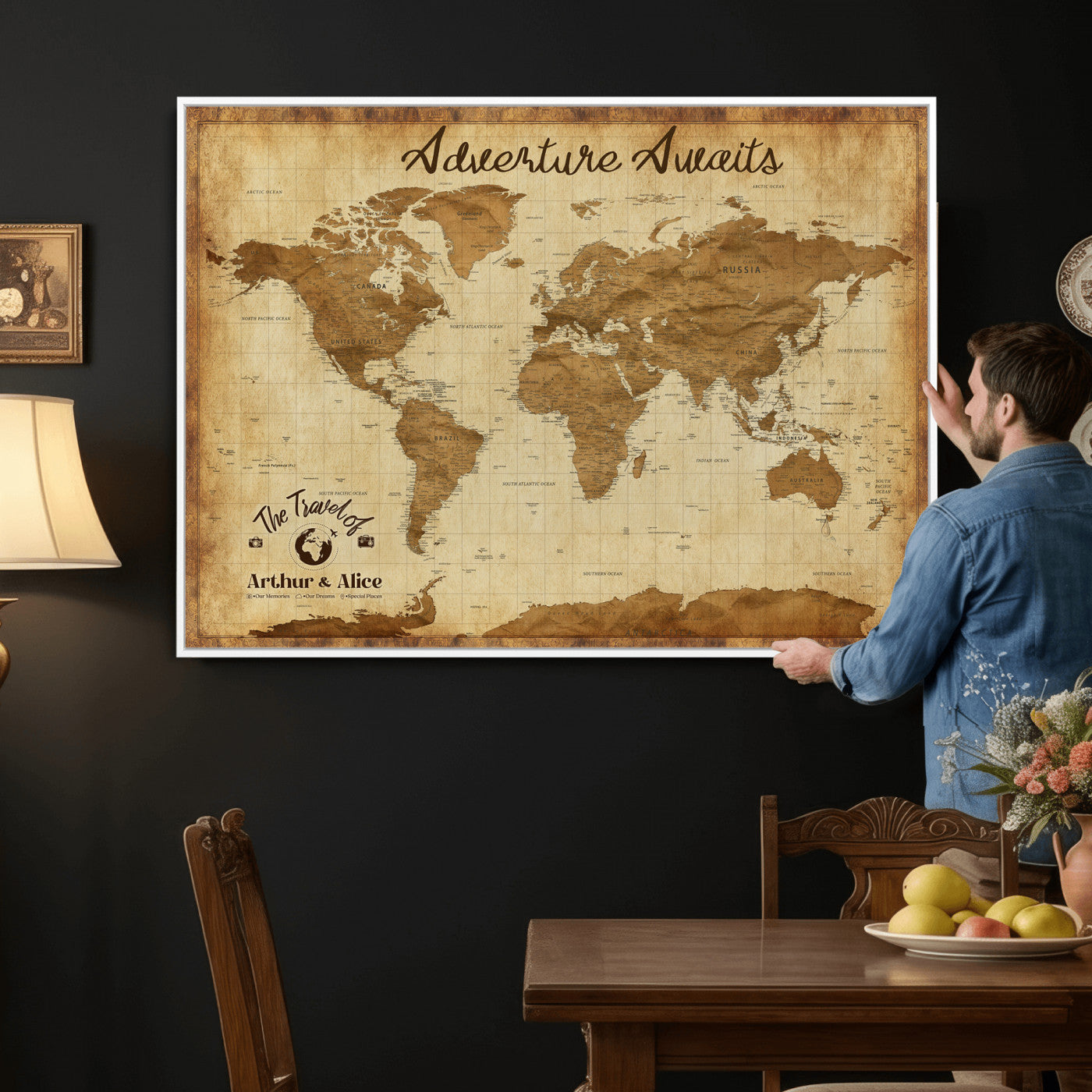 43427501-MGV-CV-36X24 - Custom Push Pin World Map Canvas Print – Personalized Travel Map Wall Art