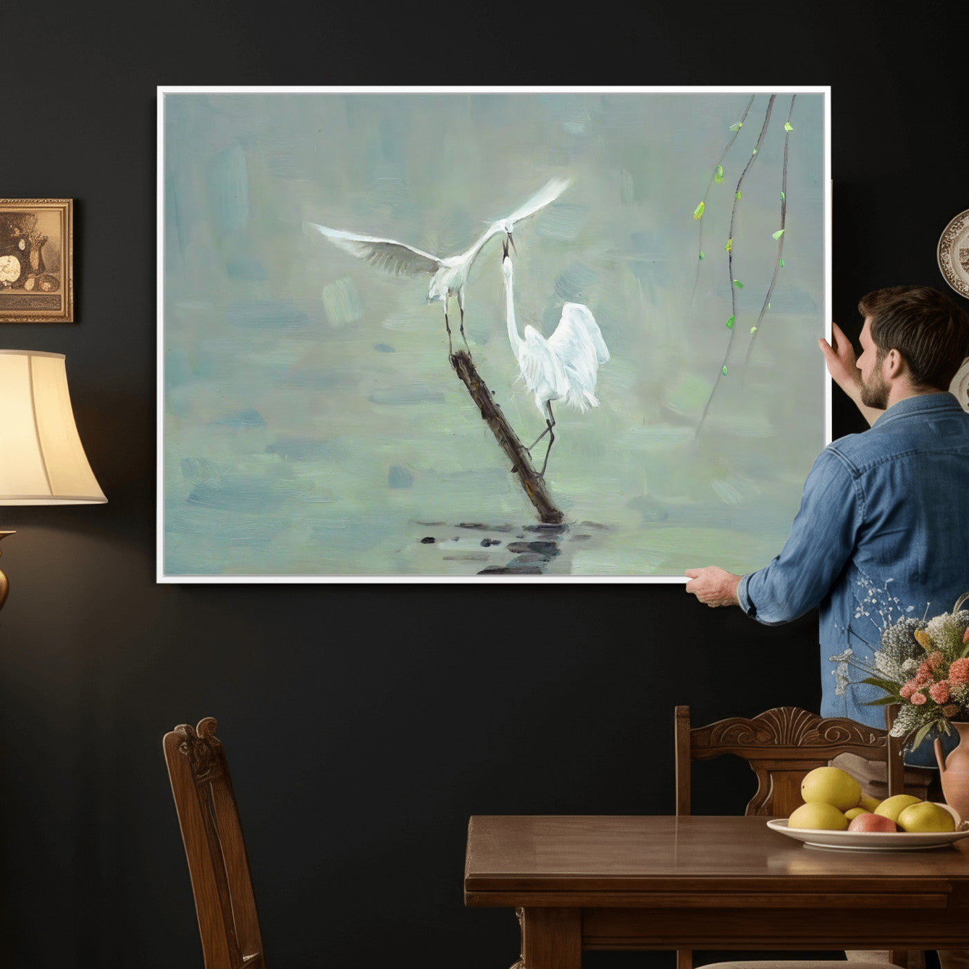 91124838-MGV-CV-36X24 - Two White Egrets on Marsh Branch Wall Art Canvas Print - Vintage Style Coastal Bird Poster