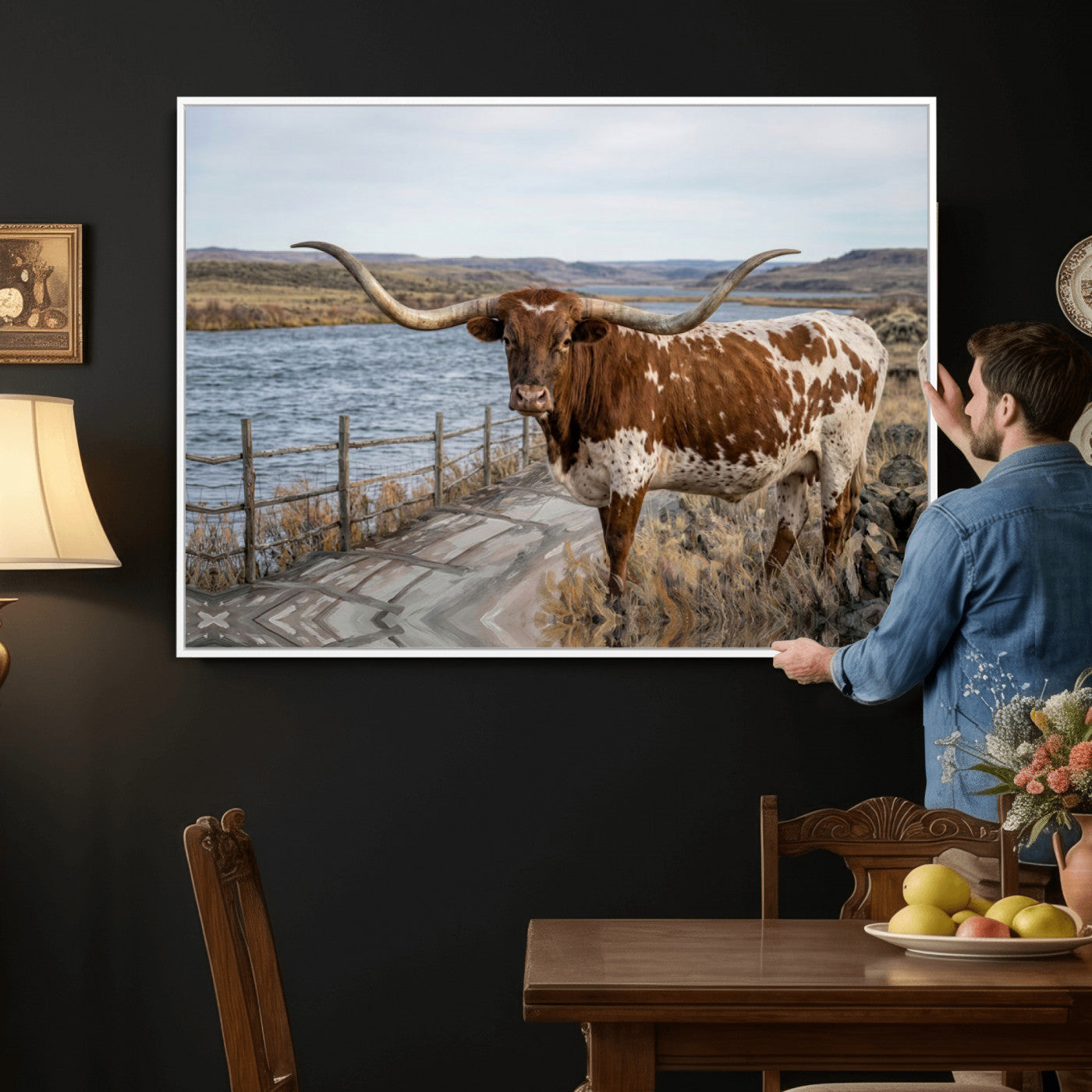 91575949-MGV-CV-36X24 - Texas Longhorn Cattle in Desert Pasture Wall Art Canvas Print - Rustic Western Decor