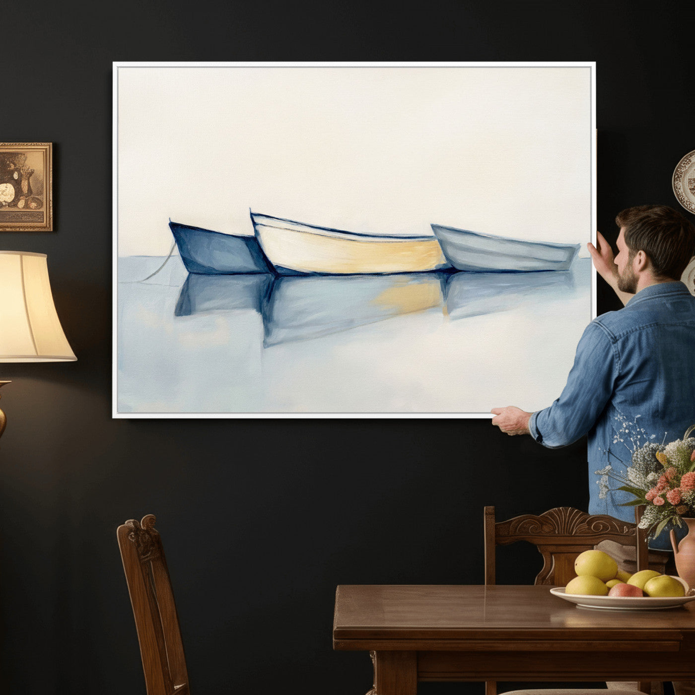 84017361-MGV-CV-36X24 - Abstract Three Boats Reflecting on Water Wall Art Canvas Print - Minimalist Coastal Seascape