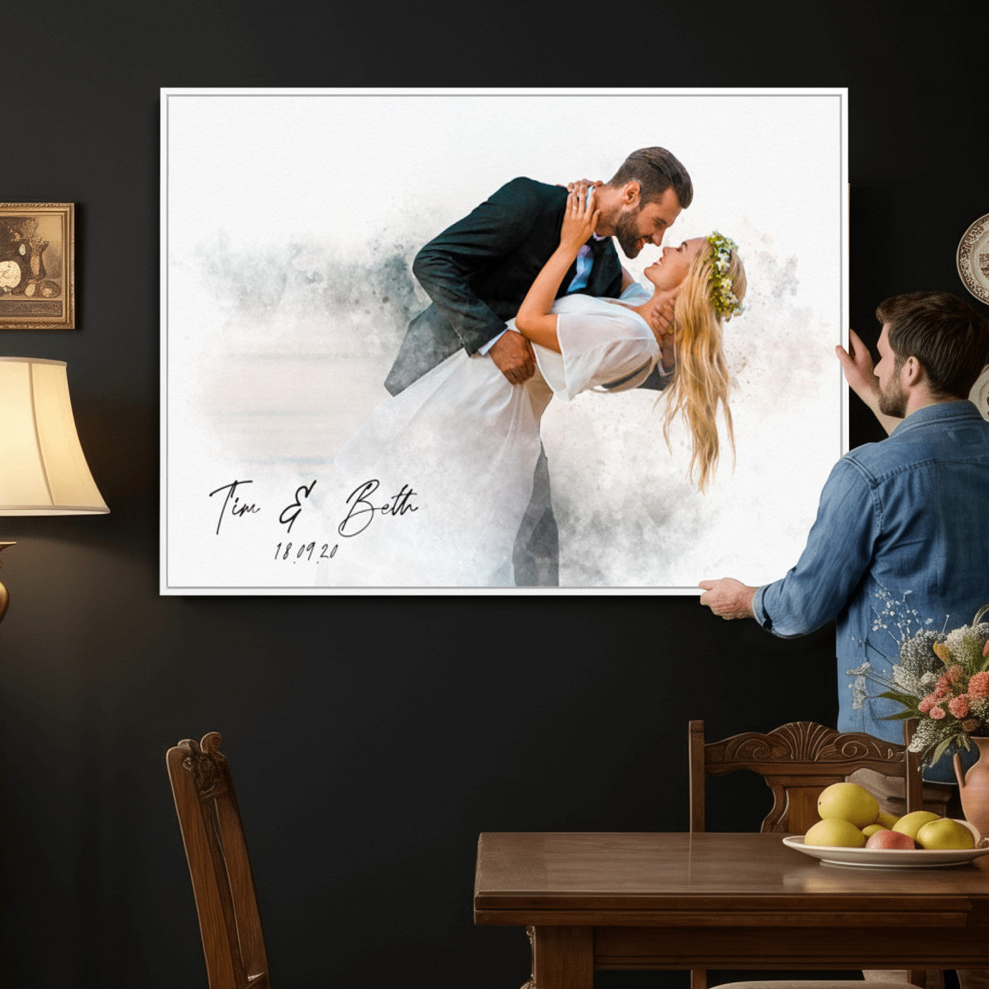 39726003-MGV-CV-36X24 - Watercolor Couple Portrait from Photo, Custom Wedding Anniversary Gift for Wife Husband Parents, Engagement Gift for Friend
