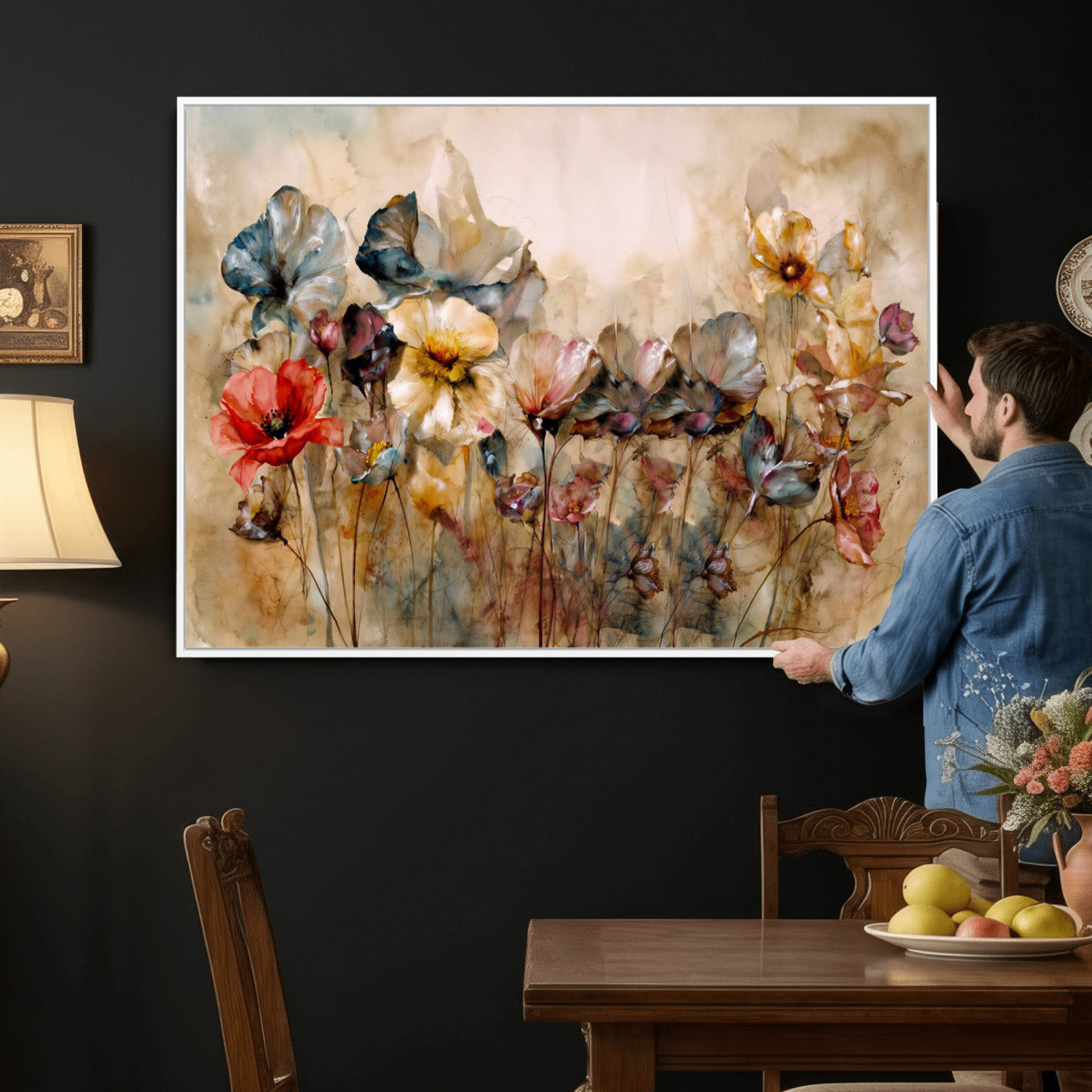 11407233-MGV-CV-36X24 - Vintage Dried Floral Meadow Wall Art Canvas Print, Translucent Watercolor Flowers Painting Print