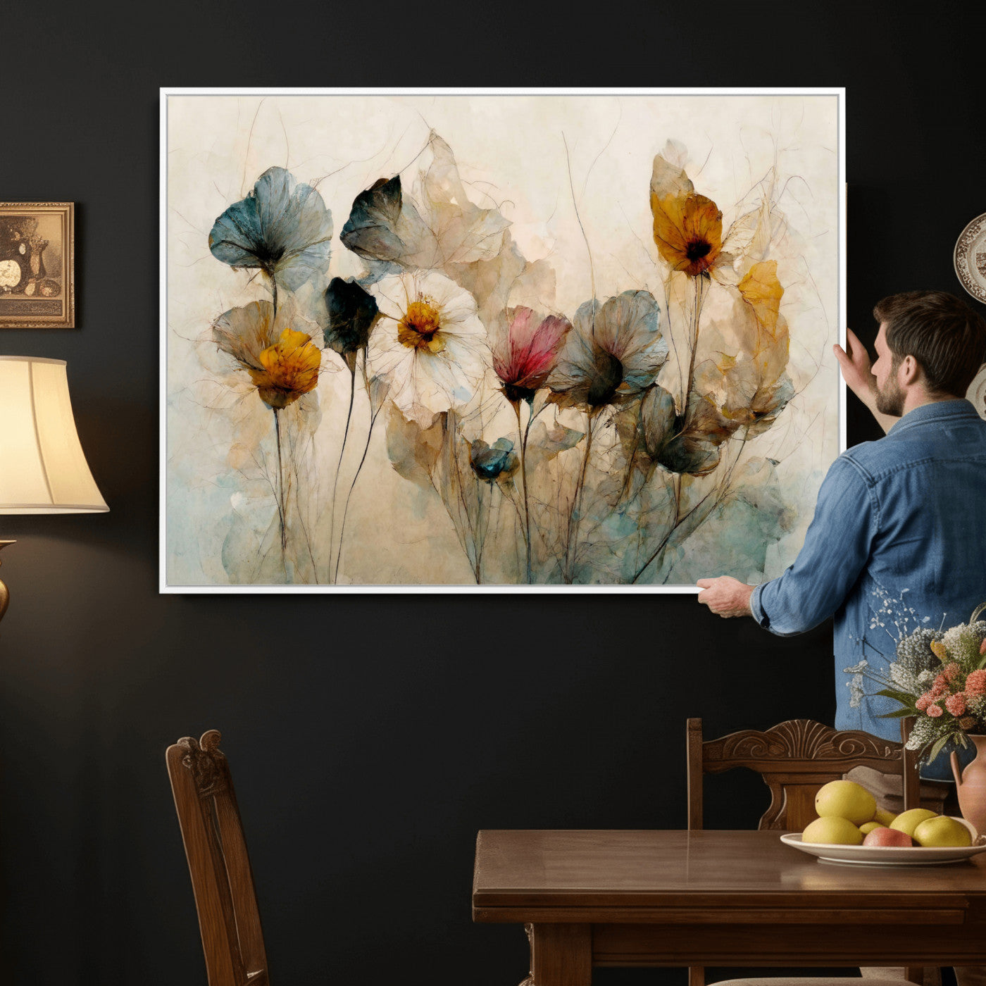 86802229-MGV-CV-36X24 - Vintage Dried Floral Meadow Wall Art Canvas Print, Translucent Watercolor Flowers Painting Print