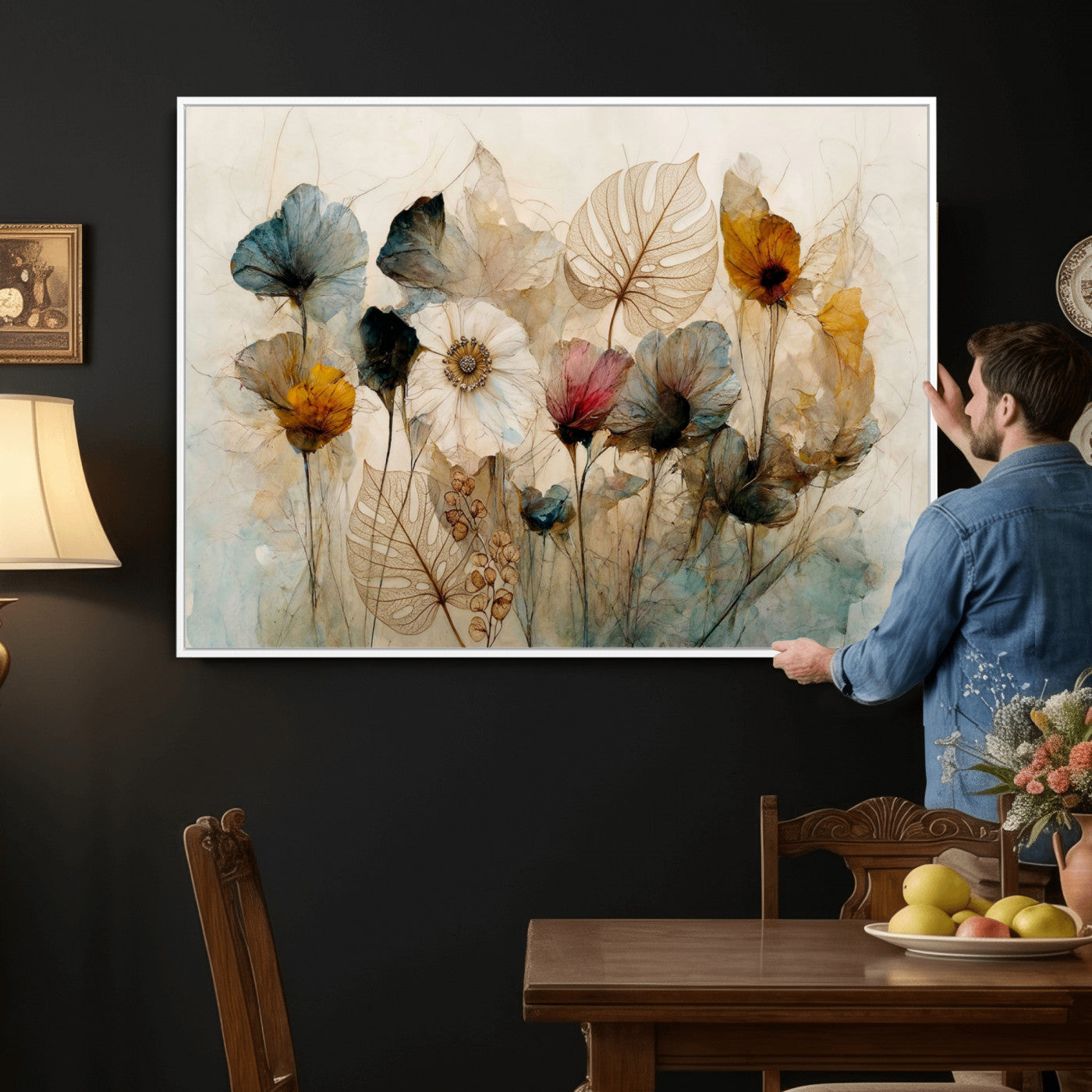 93171612-MGV-CV-36X24 - Vintage Dried Floral Meadow Wall Art Canvas Print, Translucent Watercolor Flowers Painting Print