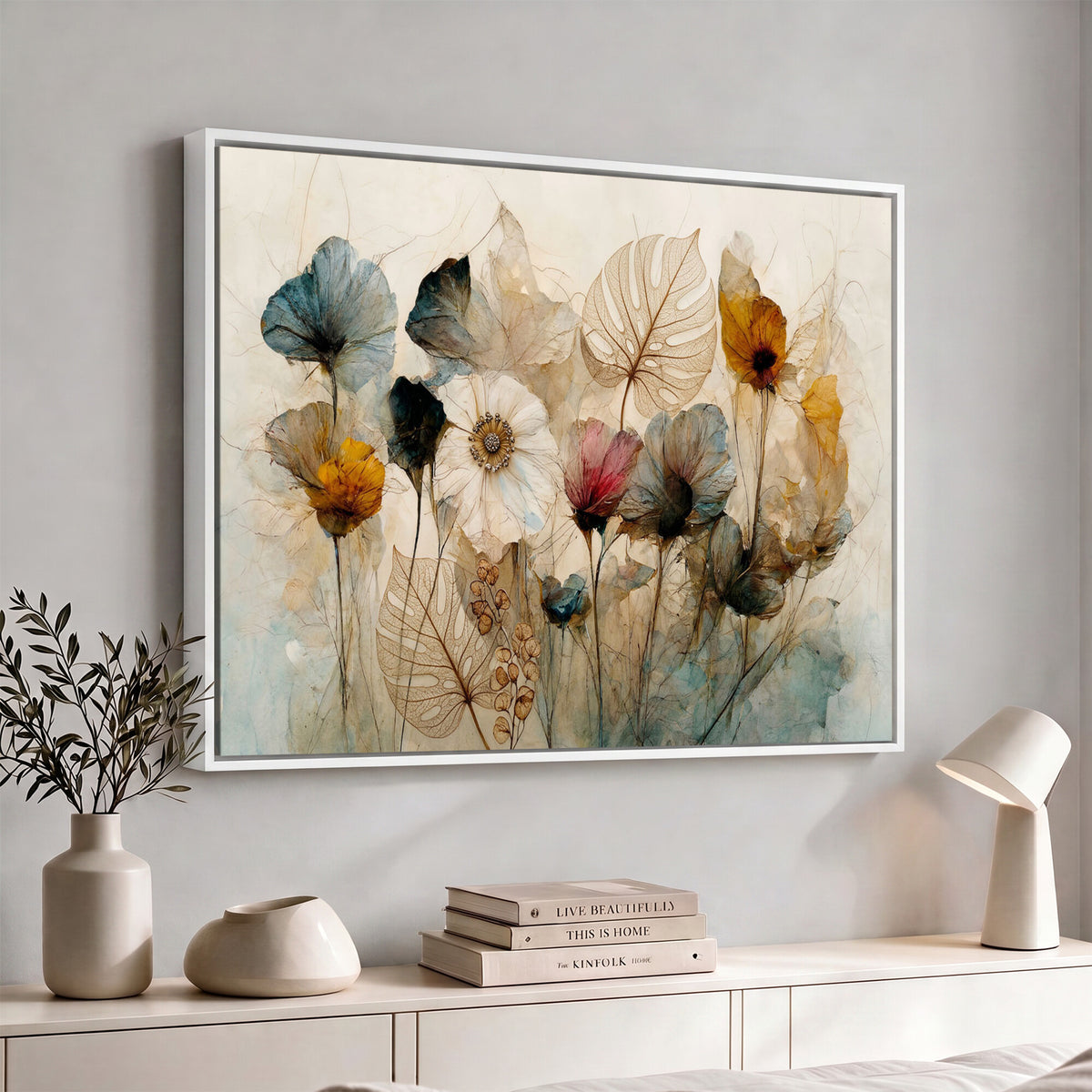 93171612-MGV-CV-36X24 - Vintage Dried Floral Meadow Wall Art Canvas Print, Translucent Watercolor Flowers Painting Print
