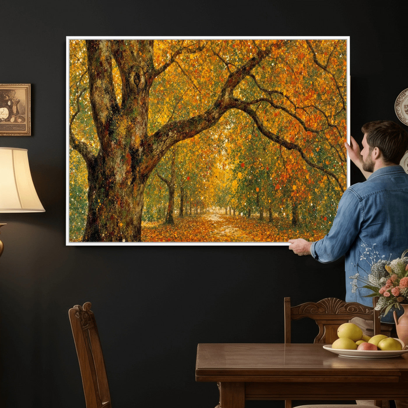 11536138-MGV-CV-36X24 - Vintage Autumn Forest Path Wall Art Canvas Print, Golden Leaves Impressionist Painting Print
