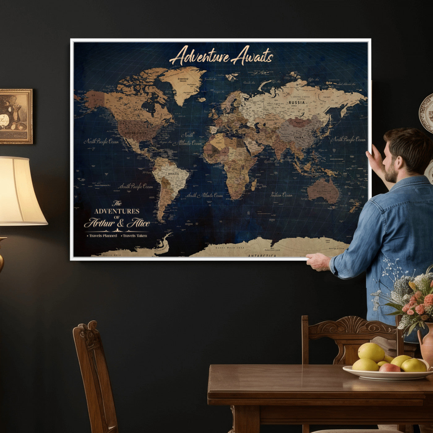 74477969-MGV-CV-36X24 - Custom Push Pin World Map Canvas | Personalized Travel Tracker | Wedding Anniversary Gift for Couples | Adventure Map Wall Art with Pins