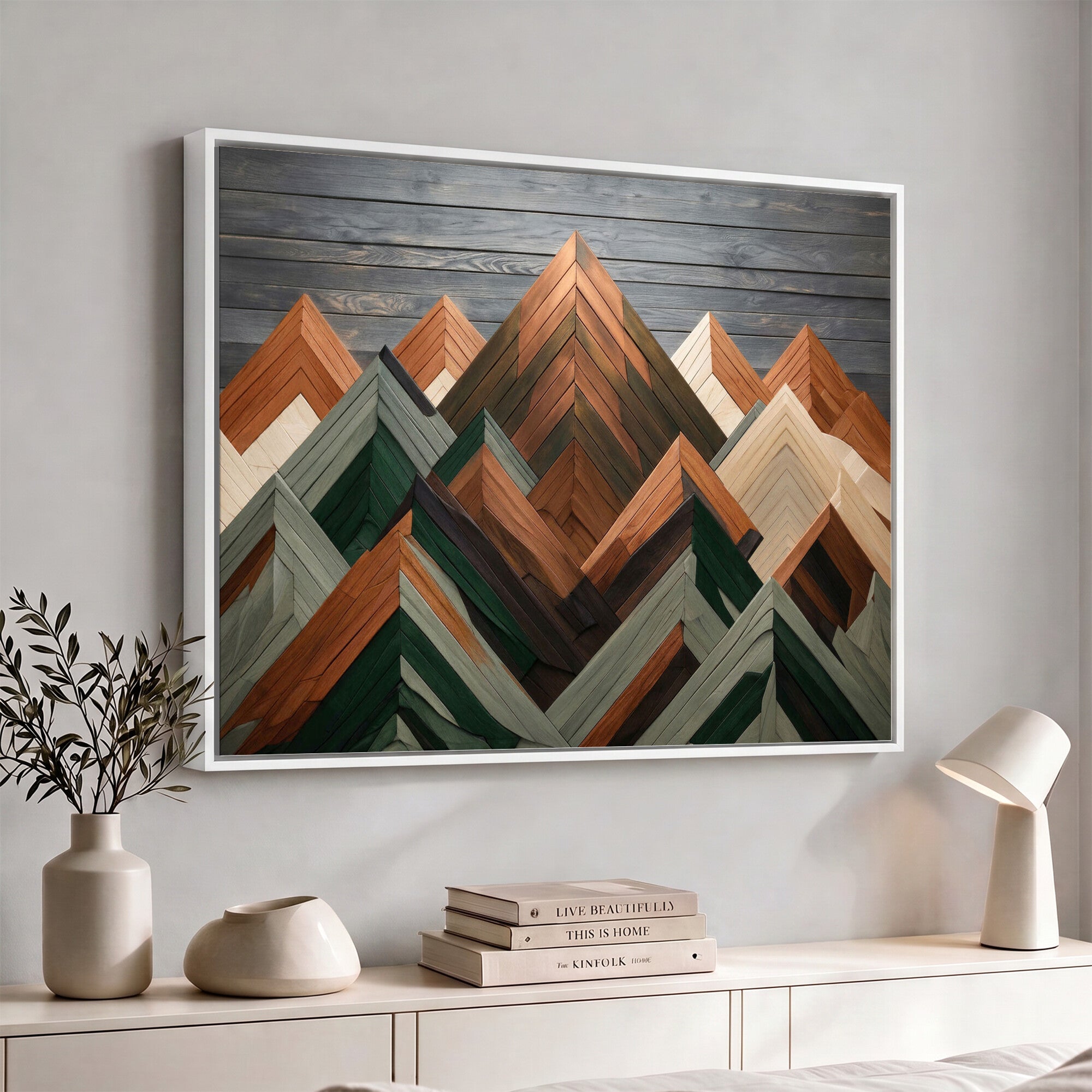 84617347-MGV-CV-36X24 - Geometric Wood Mountain Wall Art Canvas Print, 3D Look Rustic Mosaic Landscape Print
