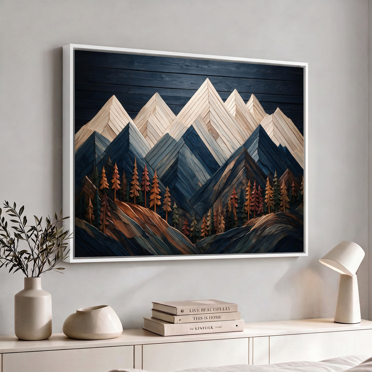 87765072-MGV-CV-36X24 - Geometric Wood Mountain Wall Art Canvas Print, 3D Look Rustic Mosaic Landscape Print