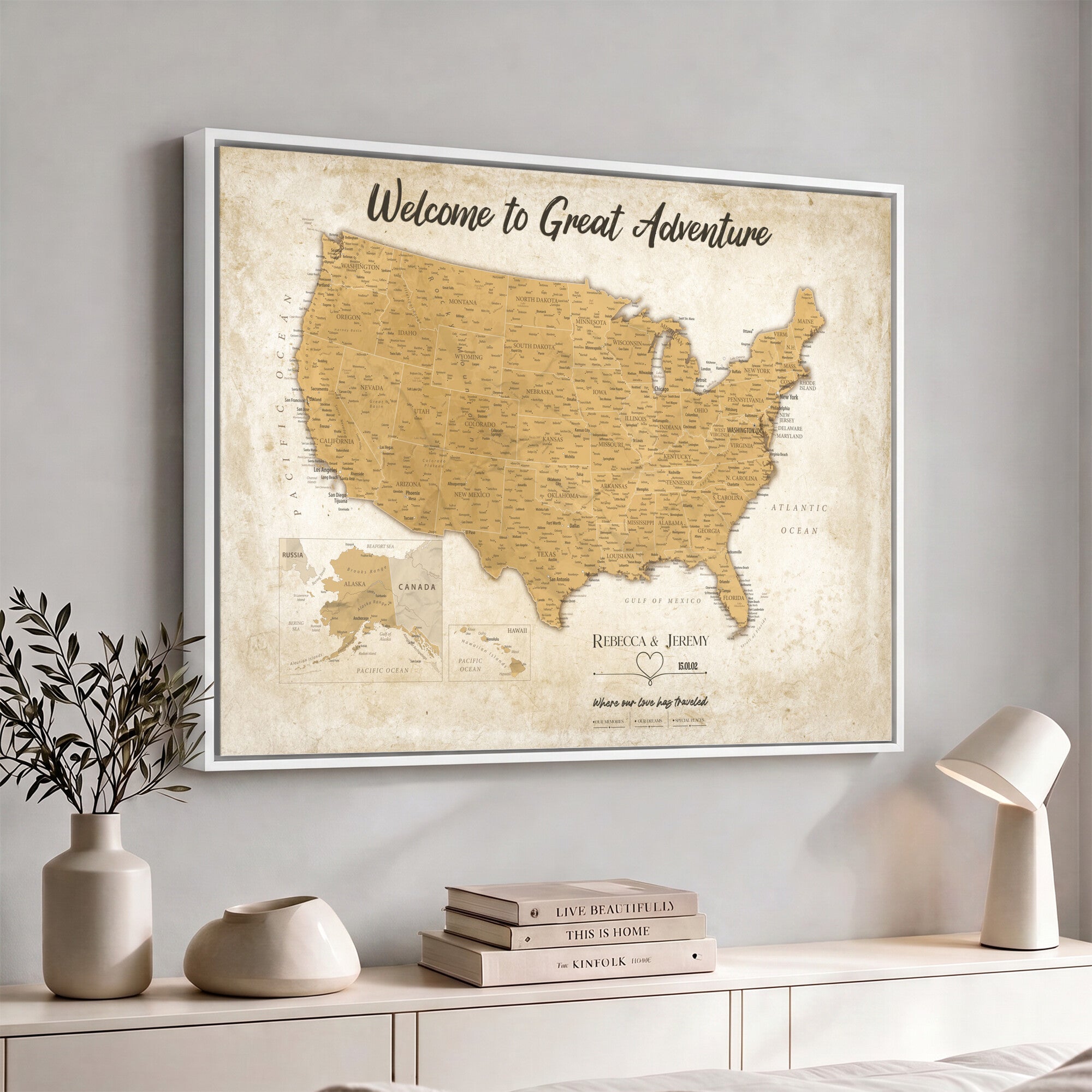 81437082-MGV-CV-36X24 - Custom Push Pin Travel USA Map Canvas Print, Cream Personalized Travel Tracker America Map, Anniversary Traveler Gift
