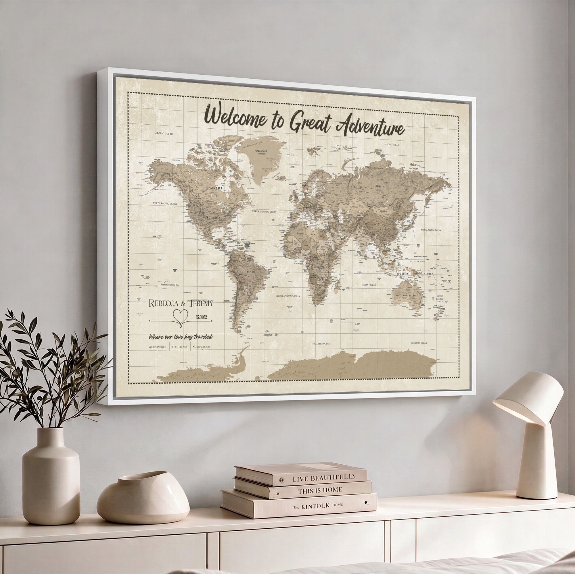51180020-MGV-CV-36X24 - Custom Push Pin Travel Map Canvas Print, Cream Personalized Travel Tracker Map, Anniversary Gift, Vintage World Map Wall Art
