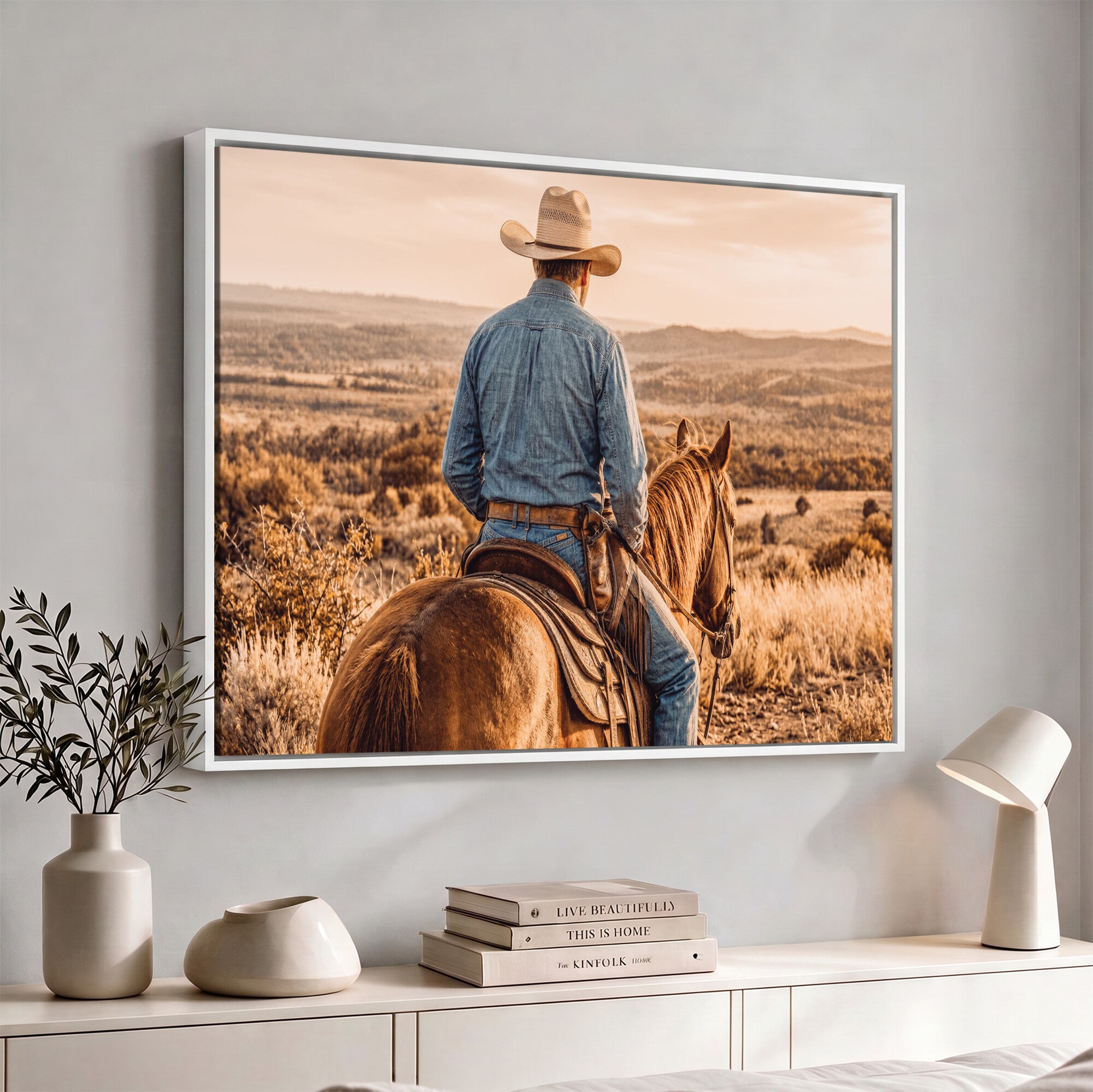 62076449-MGV-CV-36X24 - Texas Cowboy and Horse Print for Western Wall Art Decor for Farmhouse