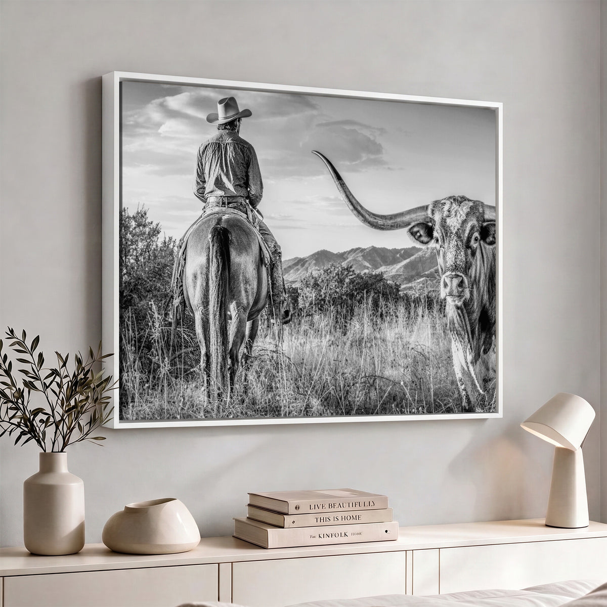 62076449WB-MGV-CV-36X24 - Texas Cowboy and Longhorn Bull Print for Western Wall Art Decor for Farmhouse