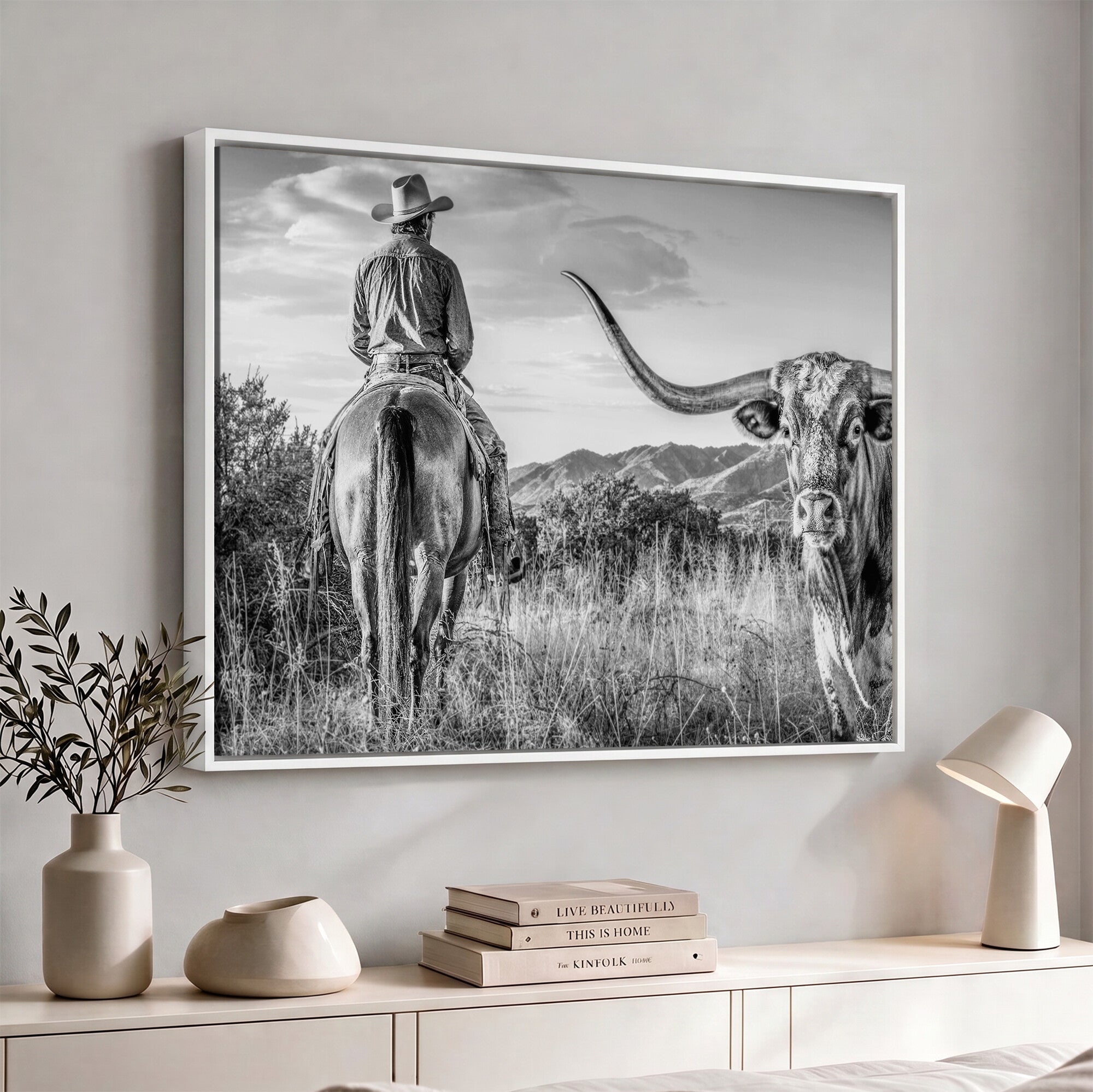 62076449WB-MGV-CV-36X24 - Texas Cowboy and Longhorn Bull Print for Western Wall Art Decor for Farmhouse