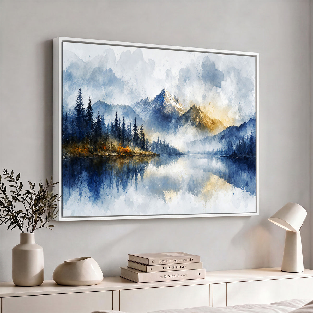 62076449DG-MGV-CV-36X24 - Abstract Watercolor Mountain Lake Wall Art Print for Living Room Decor