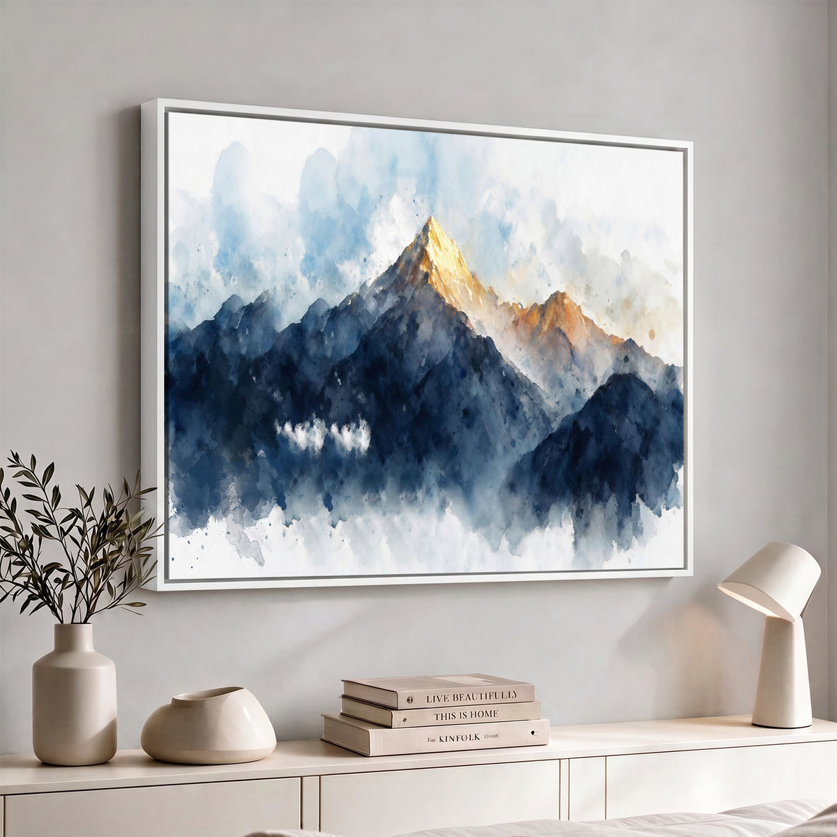 62076449DG1-MGV-CV-36X24 - Abstract Watercolor Mountain Lake Wall Art Print for Living Room Decor