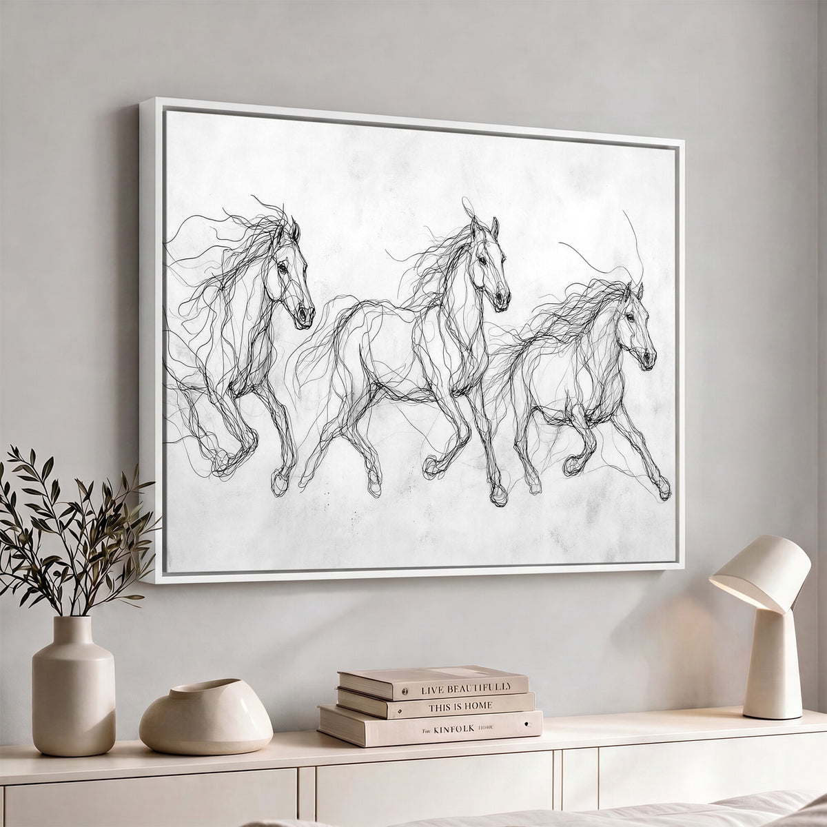 53600119-MGV-CV-36X24 - Monochrome Horse Canvas Wall Art, Black Ink Sketch Wild Horses Print, Minimalist Equestrian Artwork, Modern Abstract Line Decor, Urban Loft Gift
