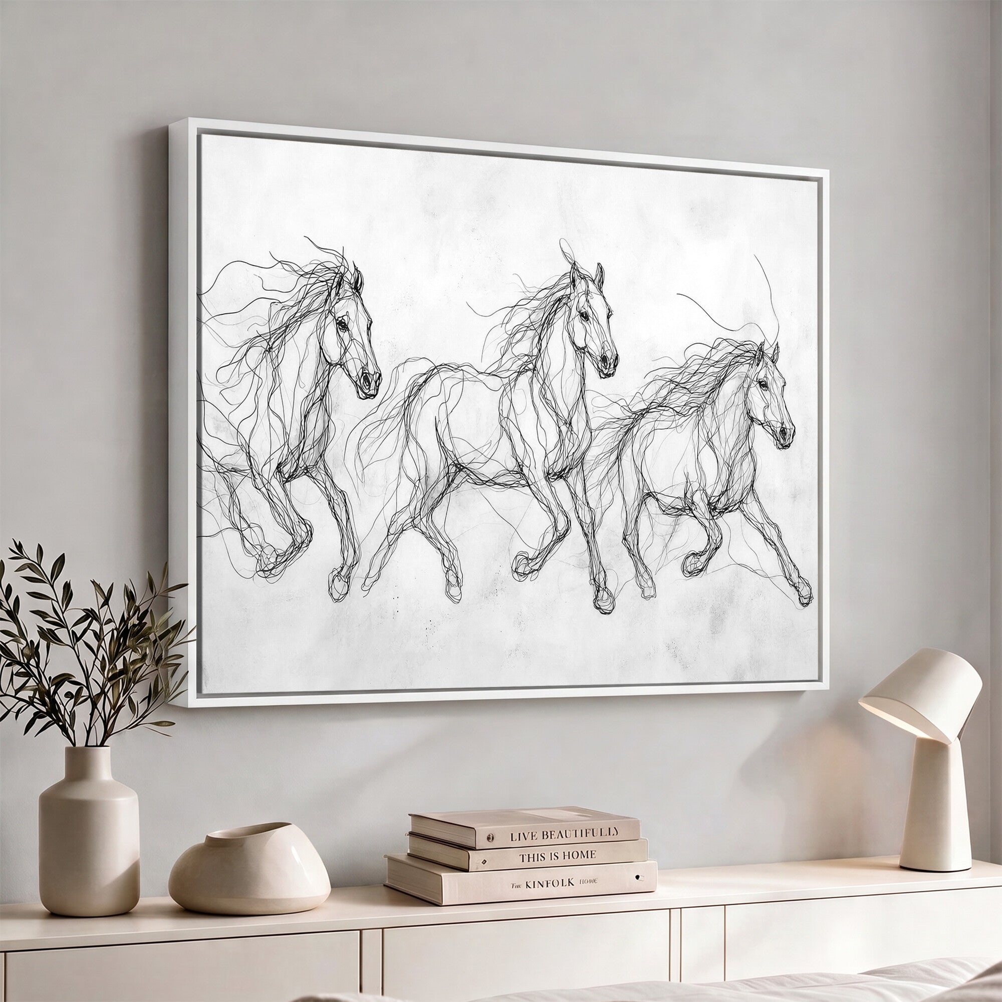 53600119-MGV-CV-36X24 - Monochrome Horse Canvas Wall Art, Black Ink Sketch Wild Horses Print, Minimalist Equestrian Artwork, Modern Abstract Line Decor, Urban Loft Gift