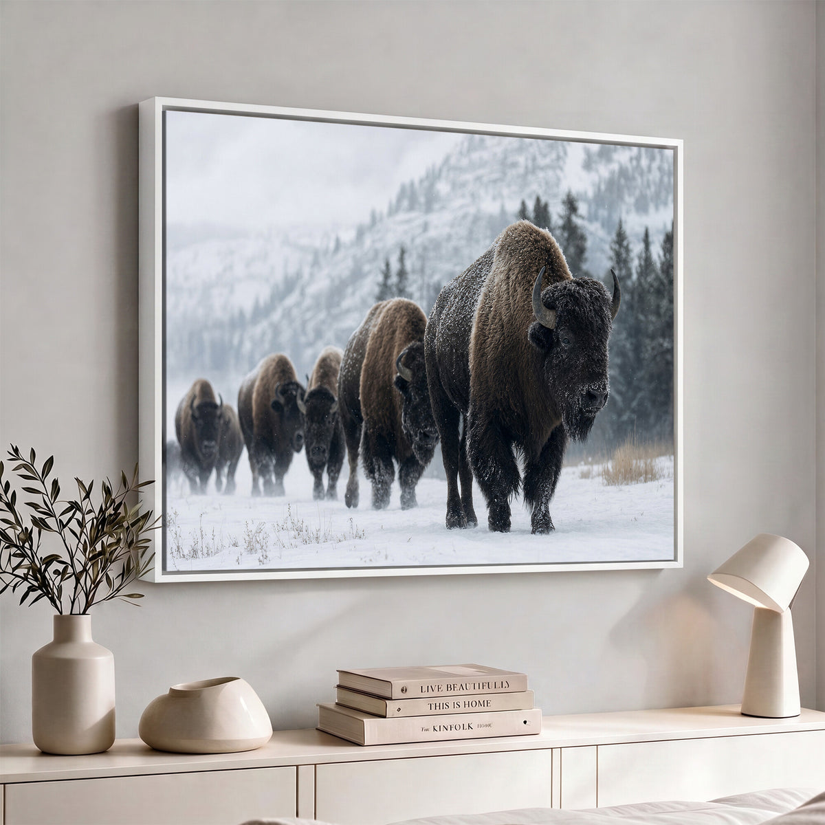 18343289-MGV-CV-36X24 - Rustic Bison Wall Art, American Buffalo Photo Print, Wildlife Canvas Artwork, Snowy Mountain Decor, Large Nature Poster, Cabin Gift Idea