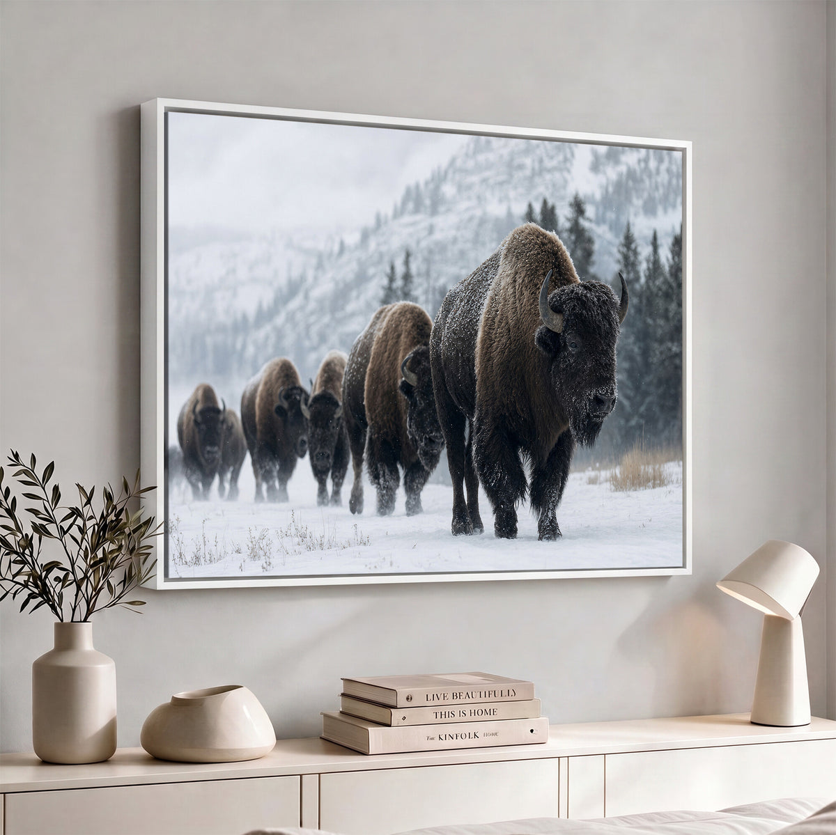 18343289-MGV-CV-36X24 - Rustic Bison Wall Art, American Buffalo Photo Print, Wildlife Canvas Artwork, Snowy Mountain Decor, Large Nature Poster, Cabin Gift Idea