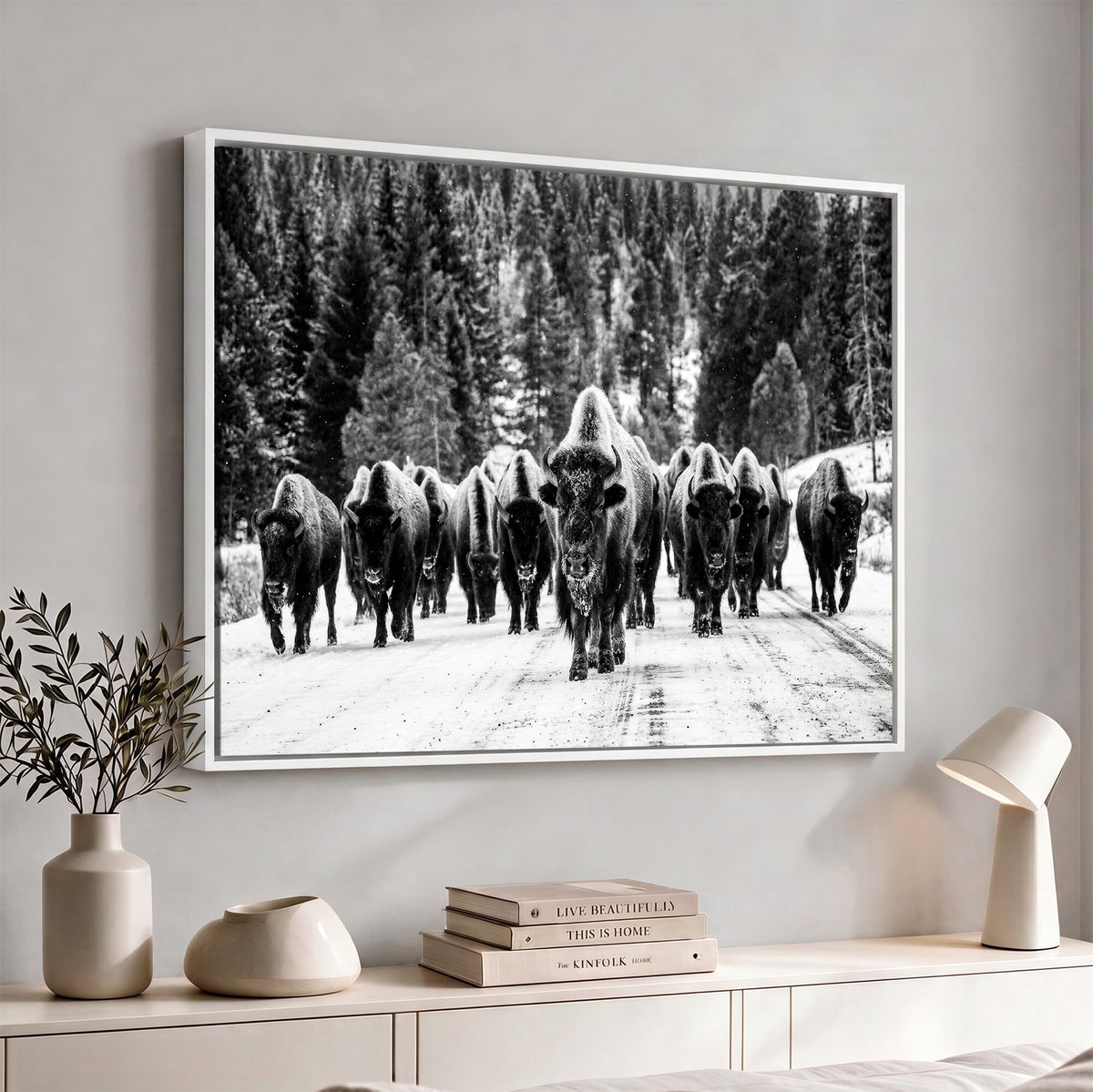 79337077-MGV-CV-36X24 - Black and White Bison Canvas Art, American Buffalo Print, Winter Wildlife Photography, Rustic Forest Wall Decor, Large Statement Nature Gift