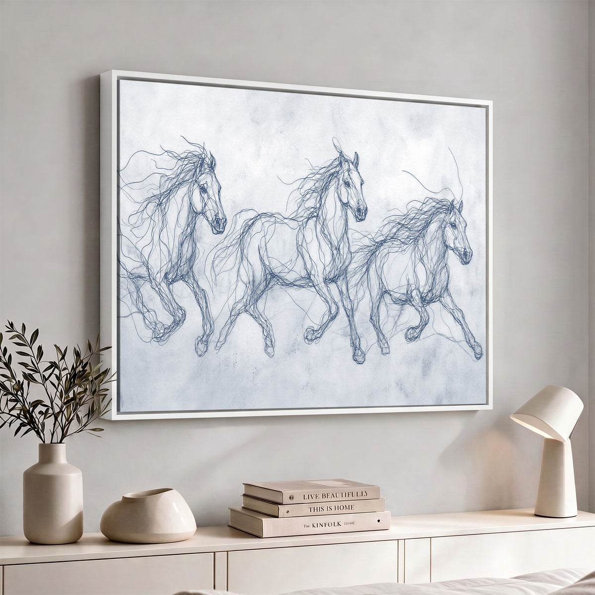 41163601-MGV-CV-36X24 - Indigo Blue Horse Line Art Canvas, Steel Grey Wild Horses Print, Abstract Navy Scribble Artwork, Modern Slate Equine Wall Decor, Coastal Ranch Gift