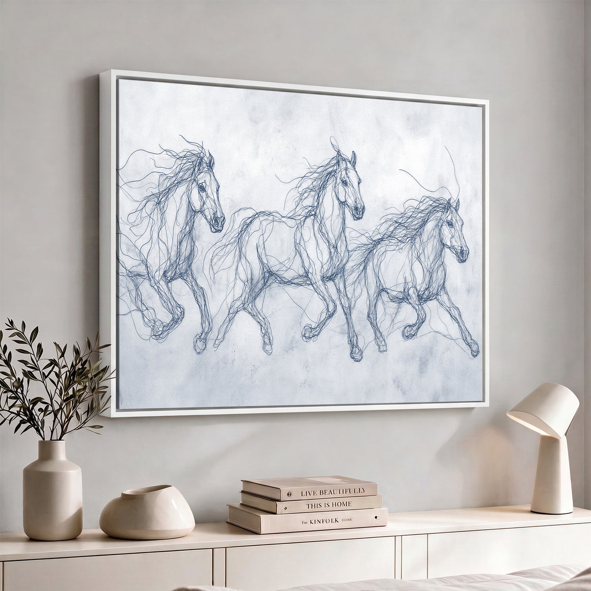 41163601-MGV-CV-36X24 - Indigo Blue Horse Line Art Canvas, Steel Grey Wild Horses Print, Abstract Navy Scribble Artwork, Modern Slate Equine Wall Decor, Coastal Ranch Gift