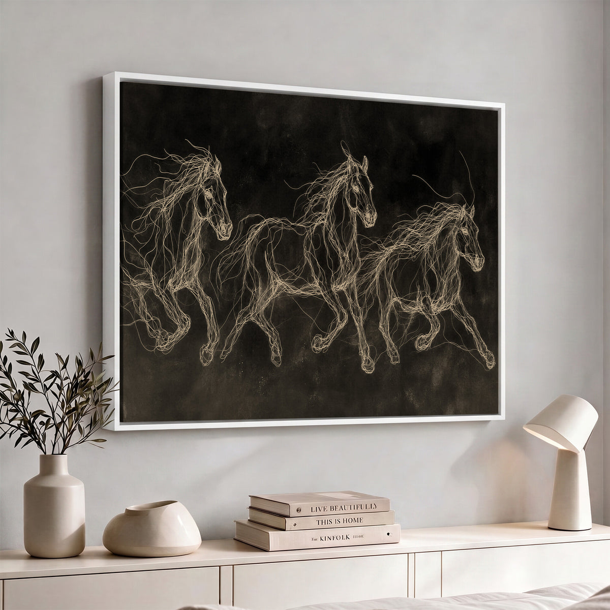 15344242-MGV-CV-36X24 - Dark Horse Line Art Canvas, Gold Scribble Wild Horses Print, Black Chalkboard Wall Art, Modern Luxury Equine Decor, Masculine Office Gift