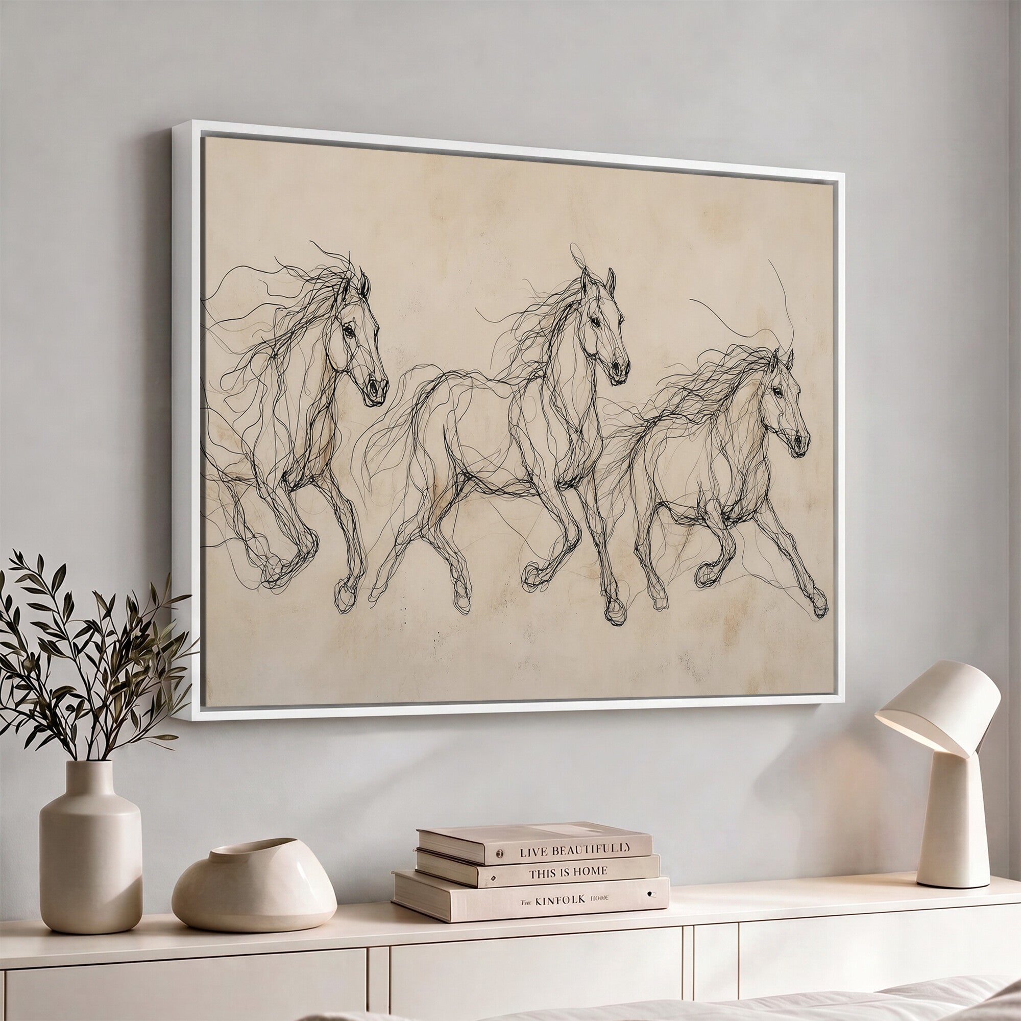 81051673-MGV-CV-36X24 - Abstract Horse Line Art Canvas, Gesture Sketch Wild Horses Print, Modern Scribble Artwork, Minimalist Equine Wall Decor, Rustic Studio Gift