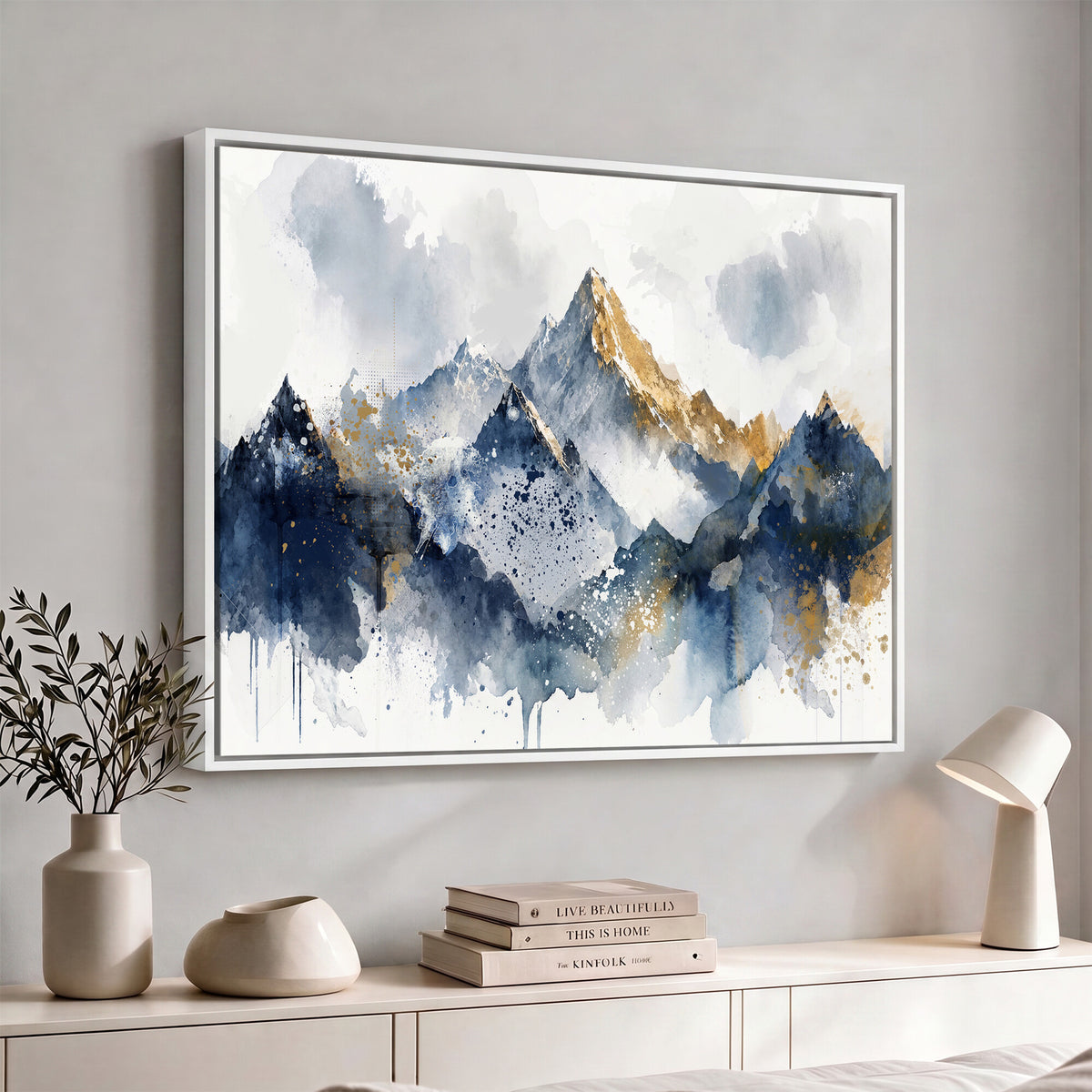 87460616-MGV-CV-36X24 - Abstract Mountain Canvas Wall Art, Blue Gold Foil Landscape Print, Modern Indigo Watercolor Poster, Large Abstract Nature, Luxury Office Gift