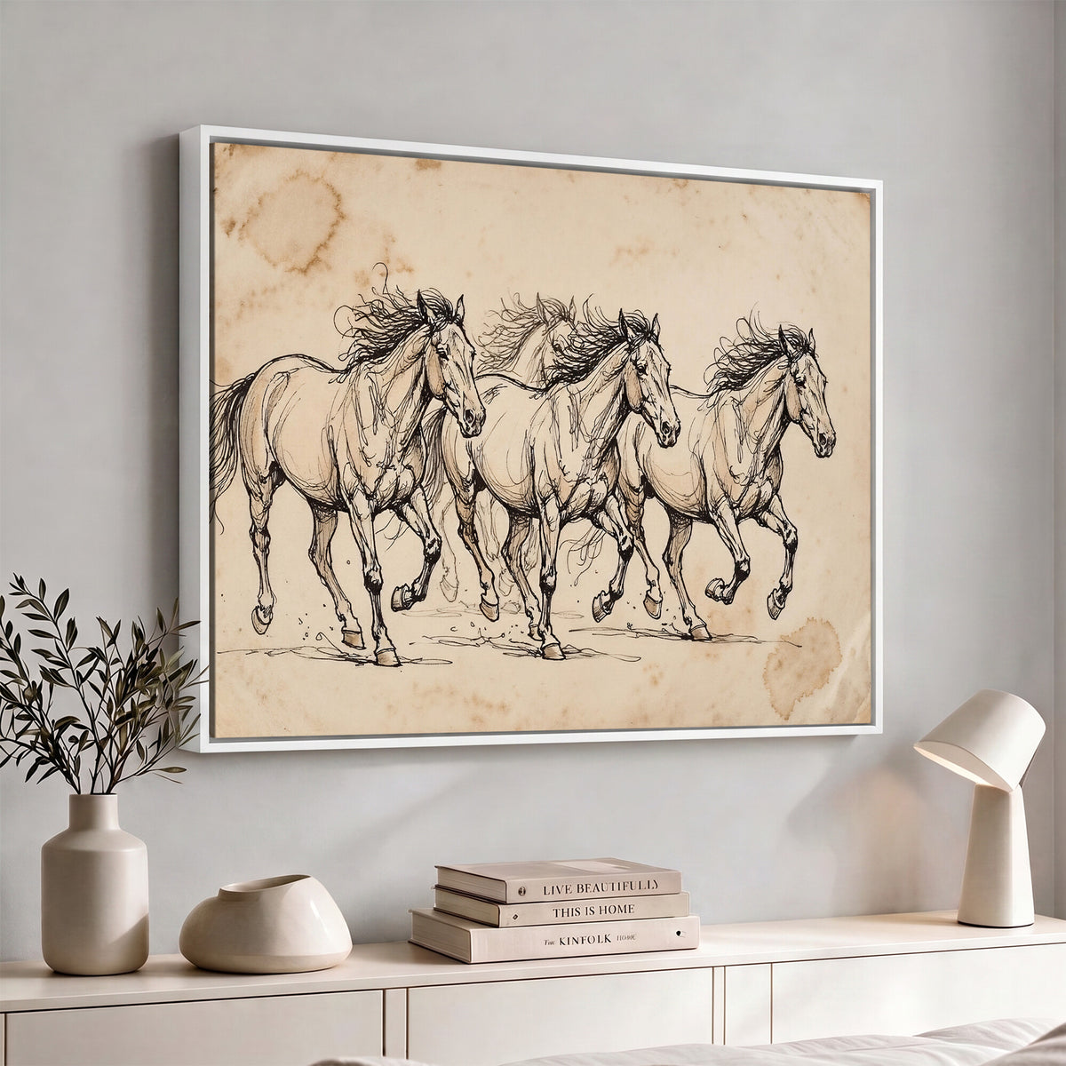 18242163-MGV-CV-36X24 - Vintage Horse Sketch Canvas Wall Art, Wild Horses Pencil Drawing Print, Antique Parchment Western Decor, Equine Sketching, Country Manor Gift