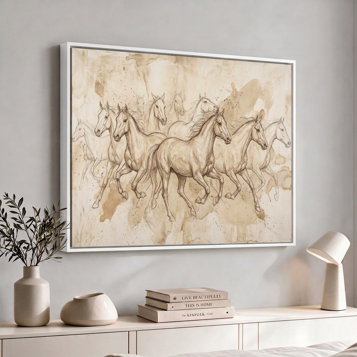 52233469-MGV-CV-36X24 - Vintage Horse Sketch Canvas Wall Art, Wild Horses Pencil Drawing Print, Antique Parchment Western Decor, Equine Sketching, Country Manor Gift