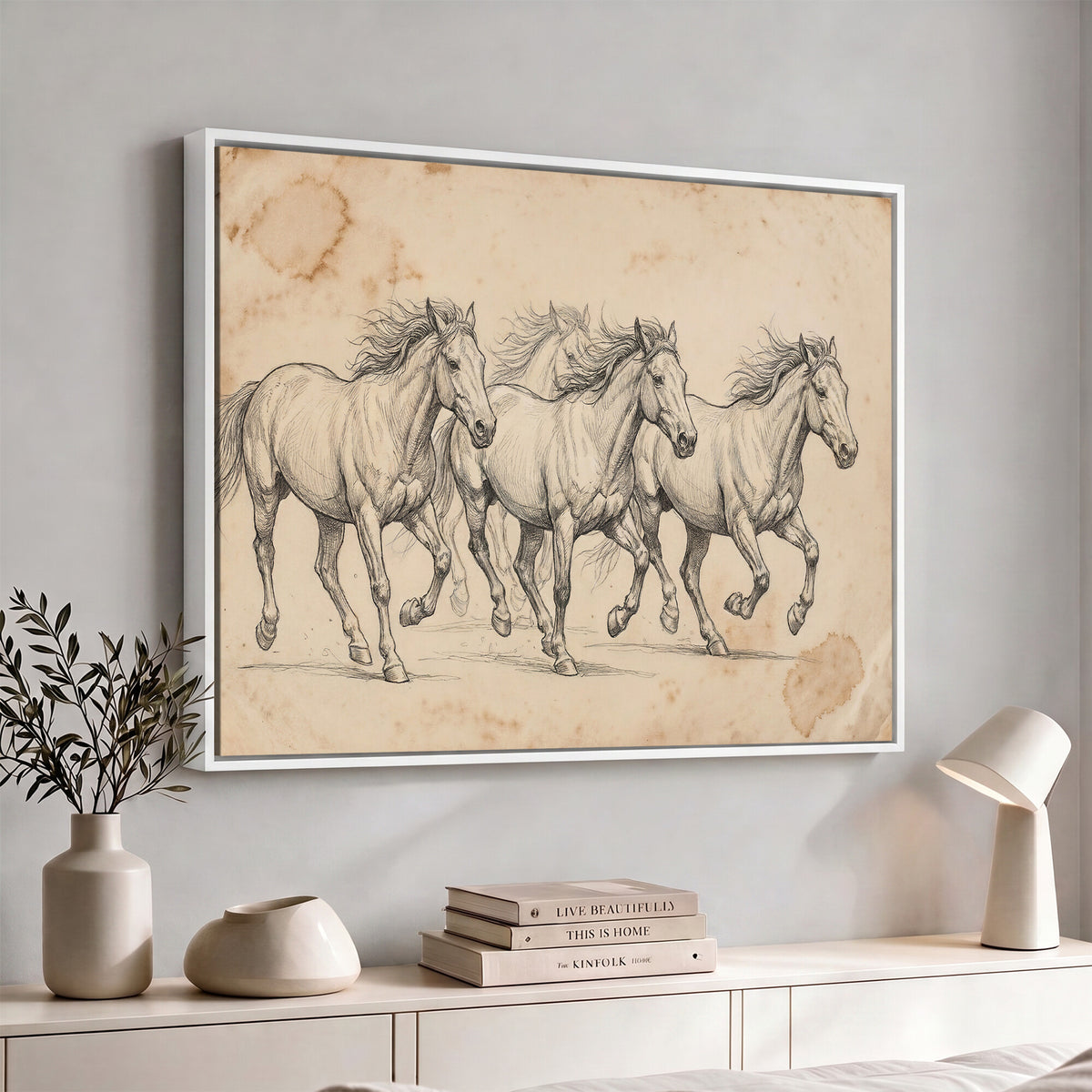 16644391-MGV-CV-36X24 - Vintage Horse Sketch Canvas Wall Art, Wild Horses Pencil Drawing Print, Antique Parchment Western Decor, Equine Sketching, Country Manor Gift