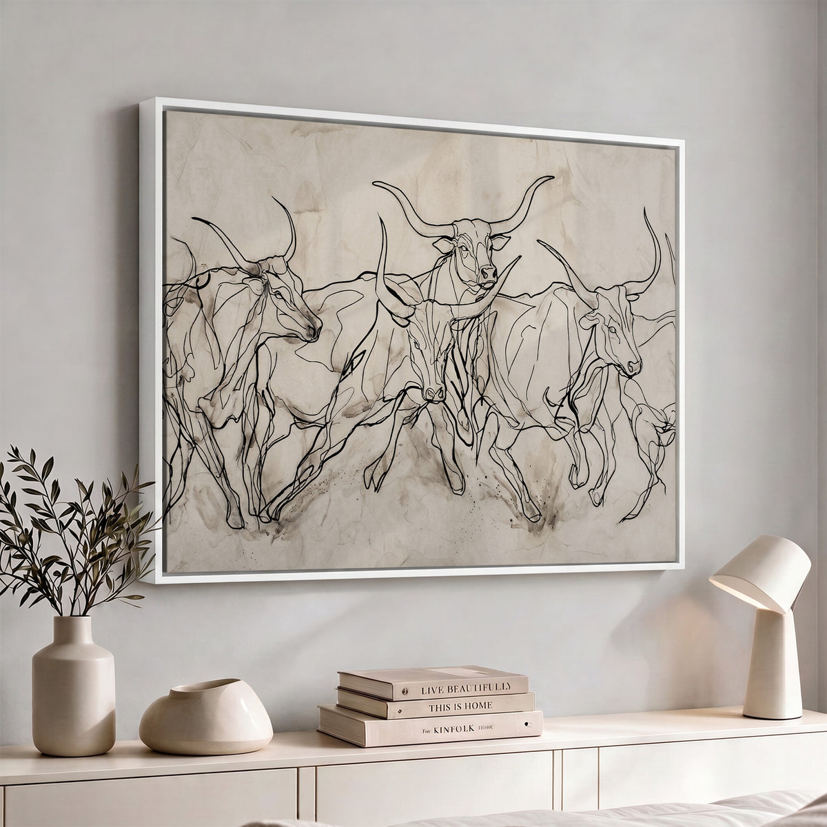 16671245-MGV-CV-36X24 - Minimalist Longhorn Line Art, Modern Texas Bull Canvas Print, Abstract Western Wall Decor, Continuous Line Artwork, Black White Ranch Gift