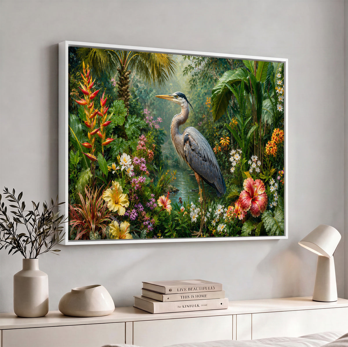 81059387-MGV-CV-36X24 - Great Blue Heron Tropical Jungle Wall Art Canvas Print, Exotic Botanical Garden Painting Print