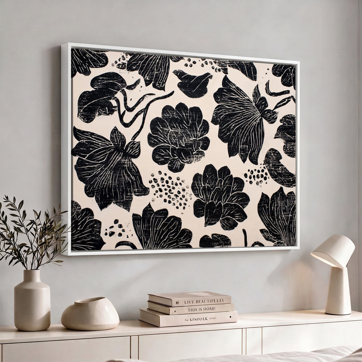 81787117-MGV-CV-36X24 - Linocut Black Lotus Floral Wall Art Canvas Print, Vintage Monochrome Botanical Painting Print