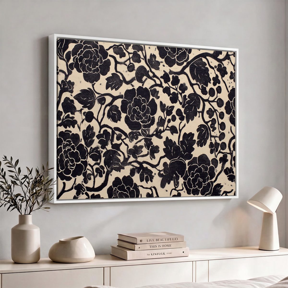 86696255-MGV-CV-36X24 - Vintage Black and Cream Floral Wall Art Canvas Print, Chinoiserie Botanical Painting Print
