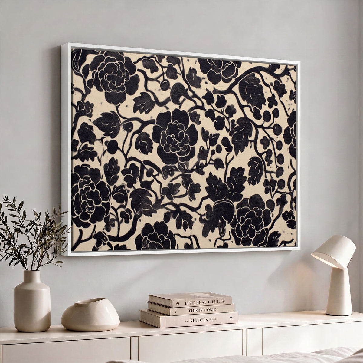 86696255-MGV-CV-36X24 - Vintage Black and Cream Floral Wall Art Canvas Print, Chinoiserie Botanical Painting Print