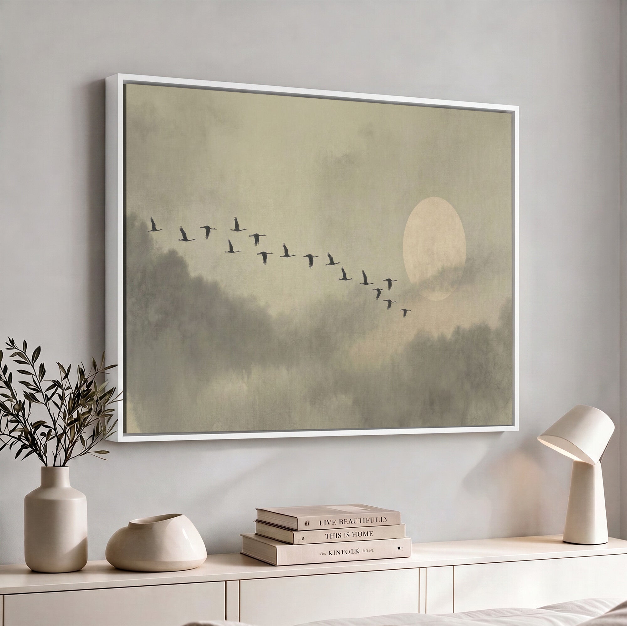 1209814B-MGV-CV-36X24 - Flying Cranes Canvas Wall Art, Misty Landscape with Moon, Sage Green Japandi Decor, Framed Print