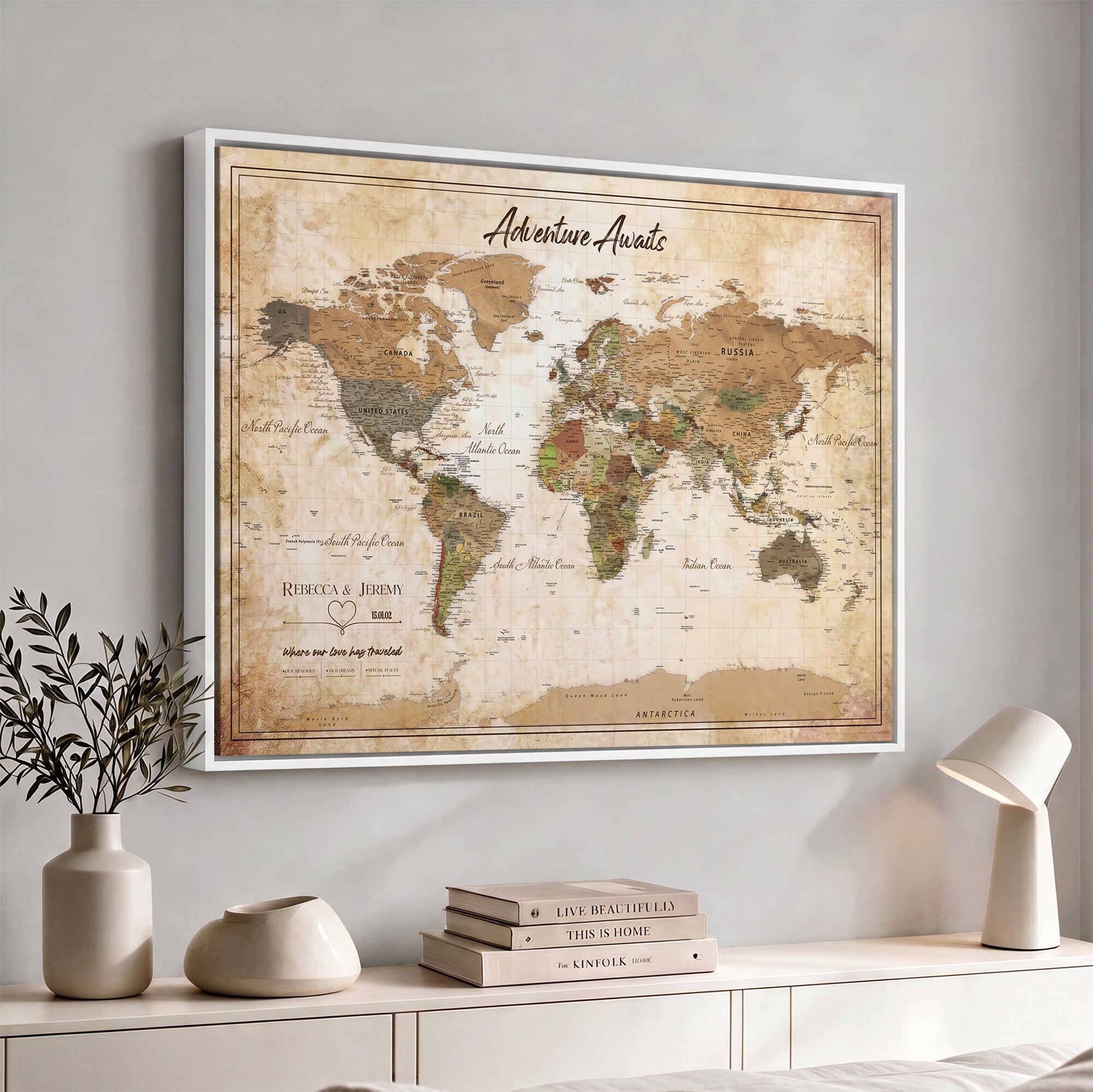 1954256765-MGV-CV-36X24 - Custom Push Pin World Map Canvas PRINT | Personalized Travel Tracker | Wedding Anniversary Gift