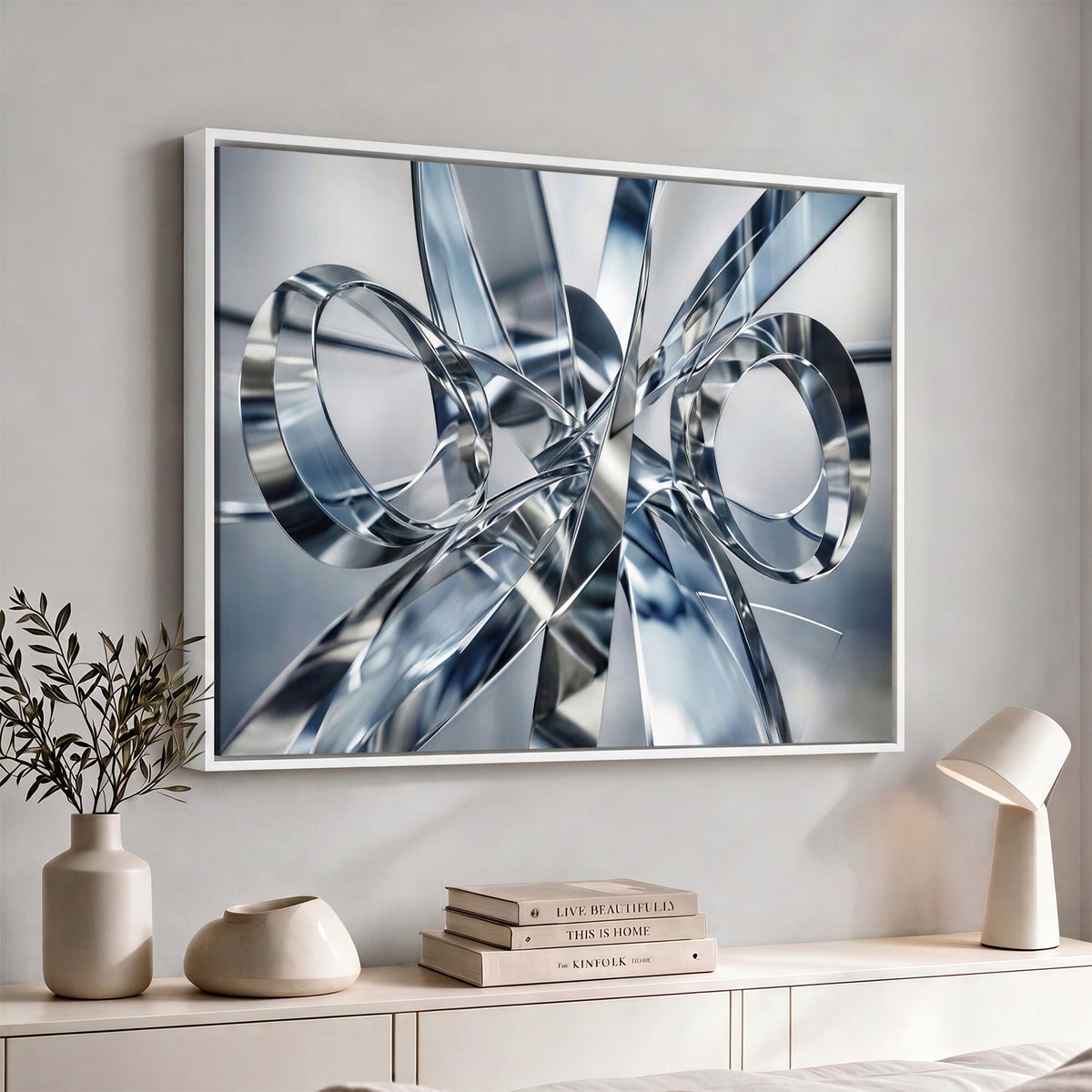 70036312-MGV-CV-36X24 - Modern Chrome Abstract Canvas Wall Art, Futuristic Silver Metallic Print