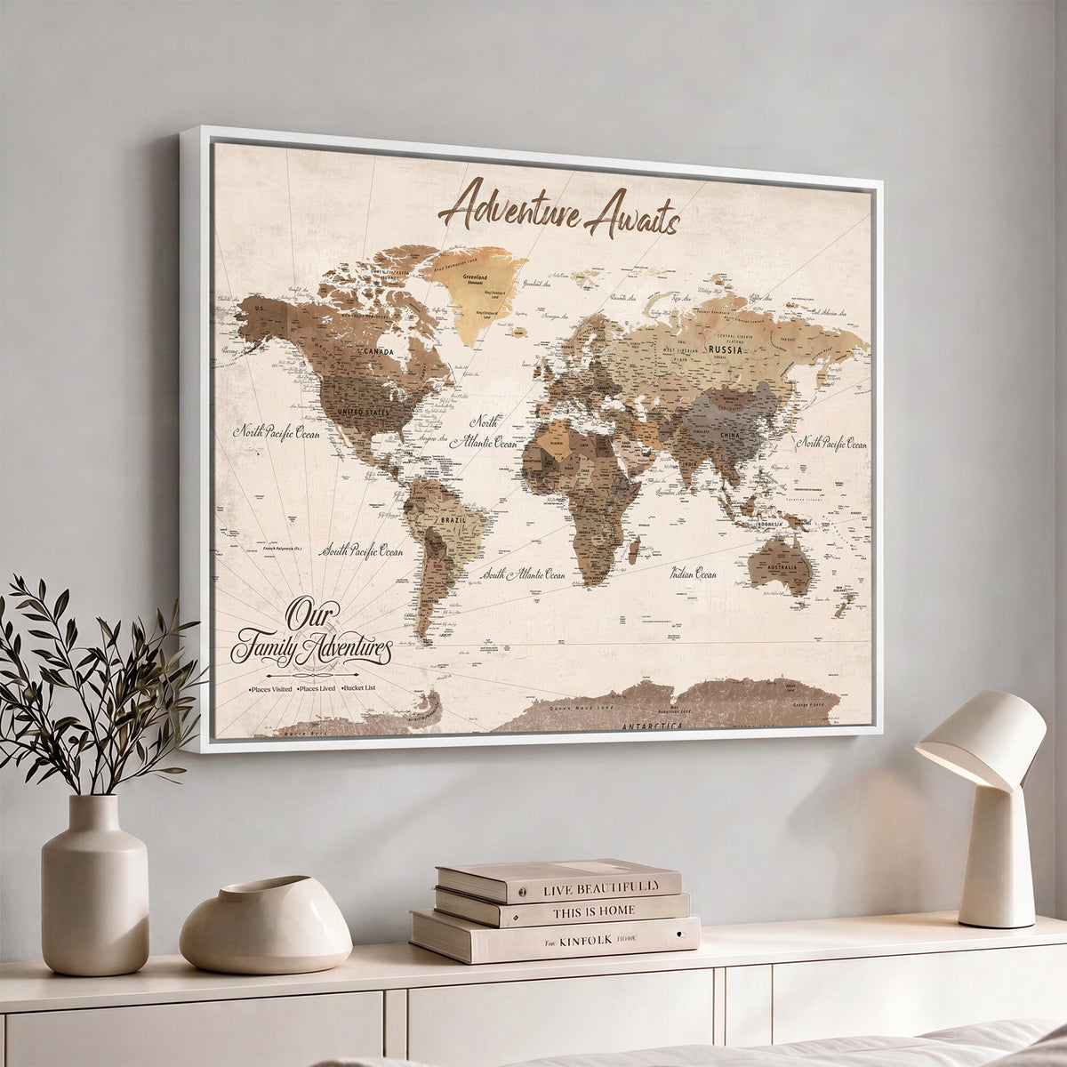 84865191-MGV-CV-36X24 - Our Family Adventures Push Pin World Map Wall Art Canvas Print - Family Travel Tracker Map with Pins