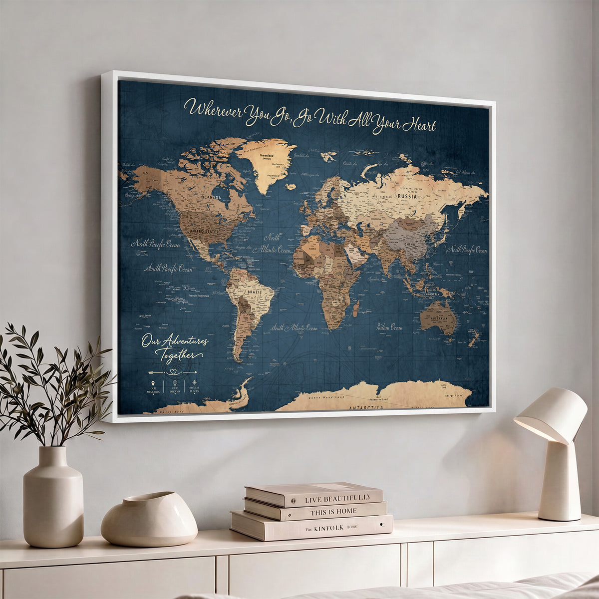 86810631-MGV-CV-36X24 - Our Family Adventures Push Pin World Map Wall Art Canvas Print - Family Travel Tracker Map with Pins