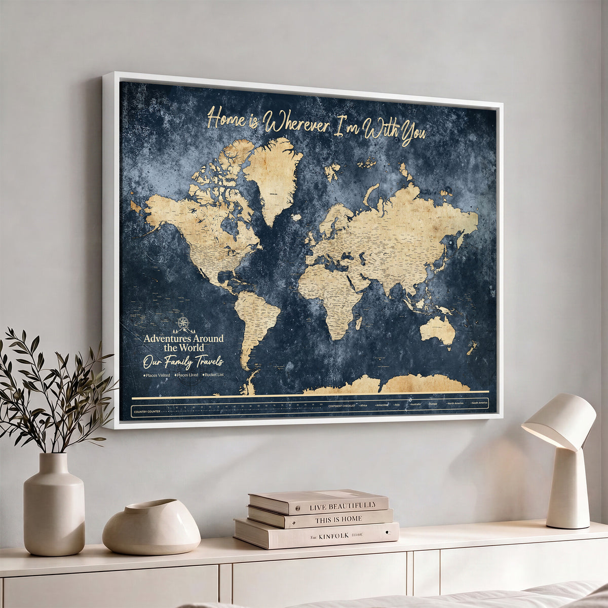 98668848-MGV-CV-36X24 - Our Family Adventures Push Pin World Map Wall Art Canvas Print - Family Travel Tracker Map with Pins
